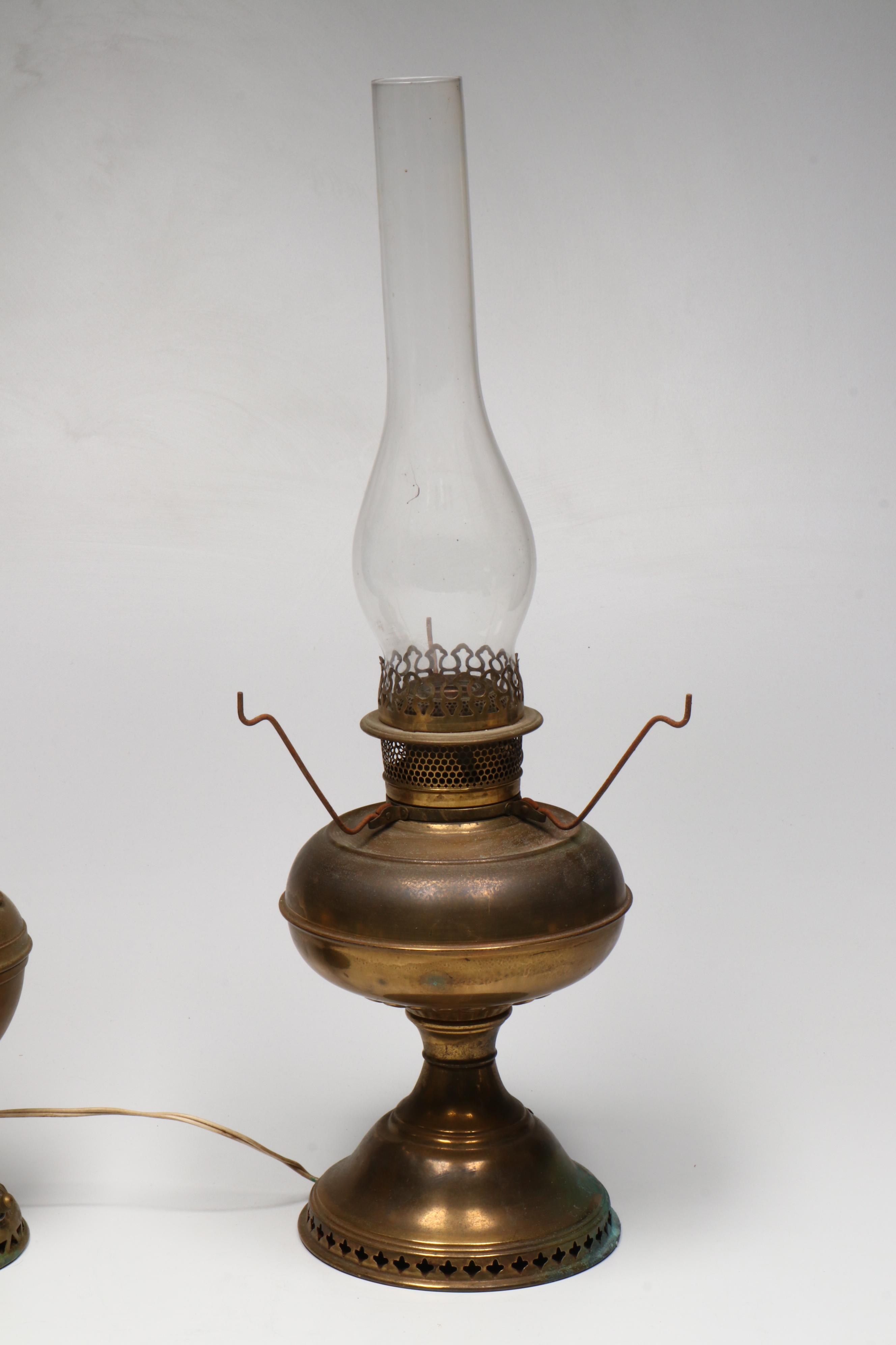 Victorian Style Brass and Glass Oil Lamps, Some Adapted