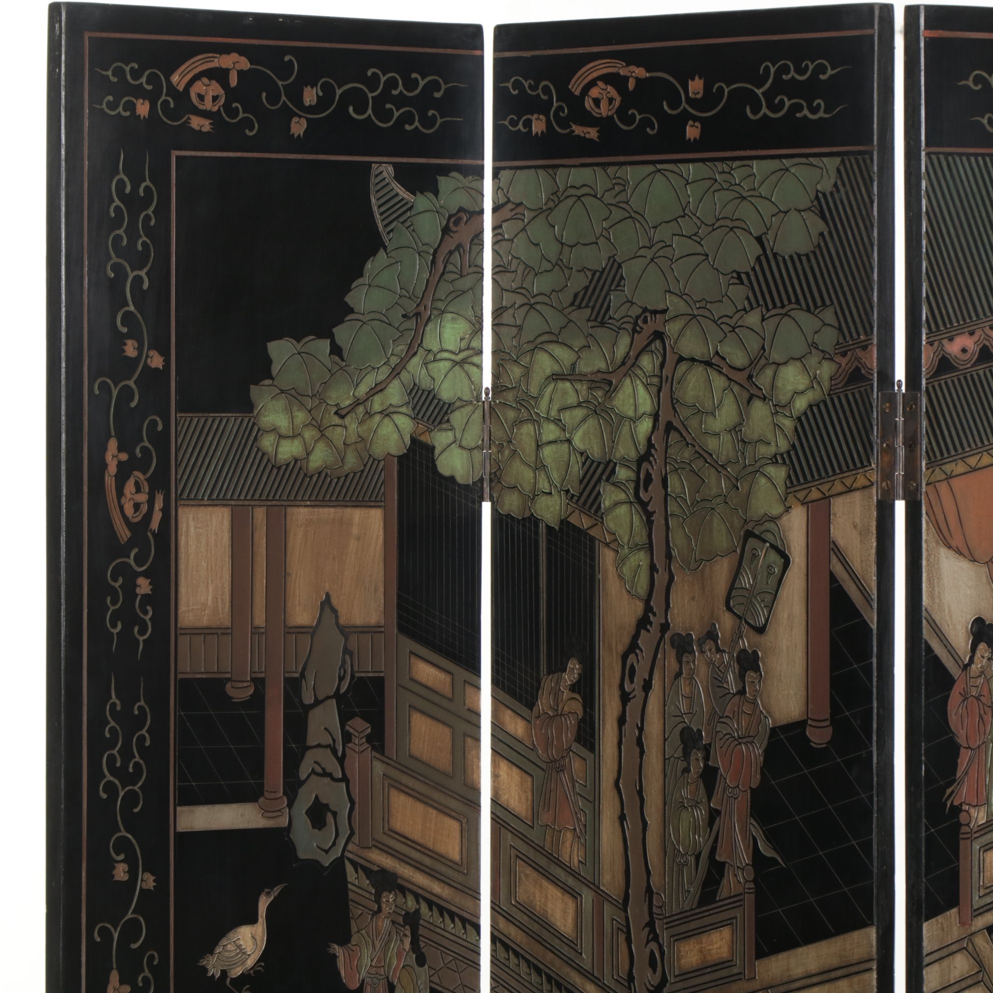 Chinese Style Black Four-Panel Room Screen with Incised Decorations