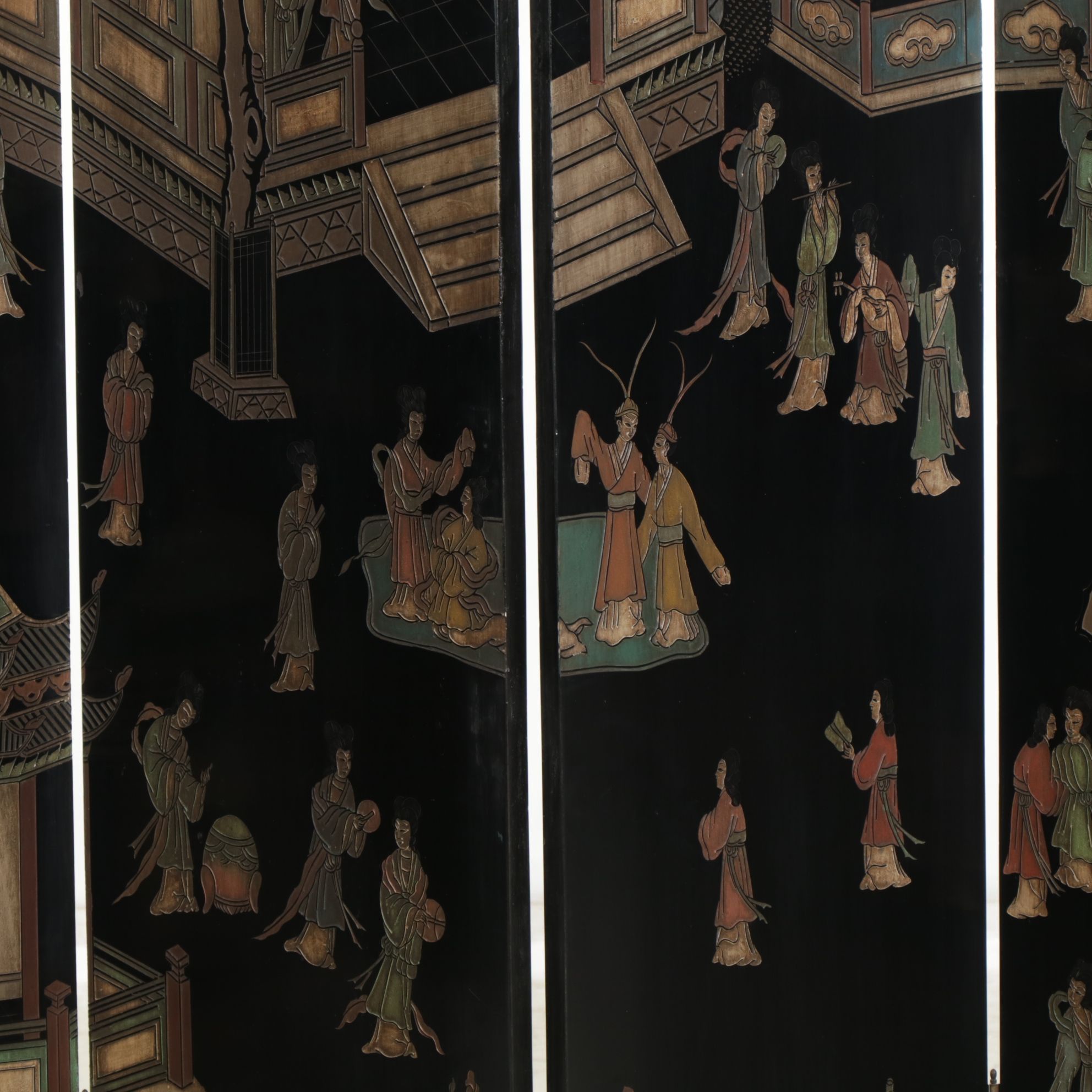 Chinese Style Black Four-Panel Room Screen with Incised Decorations