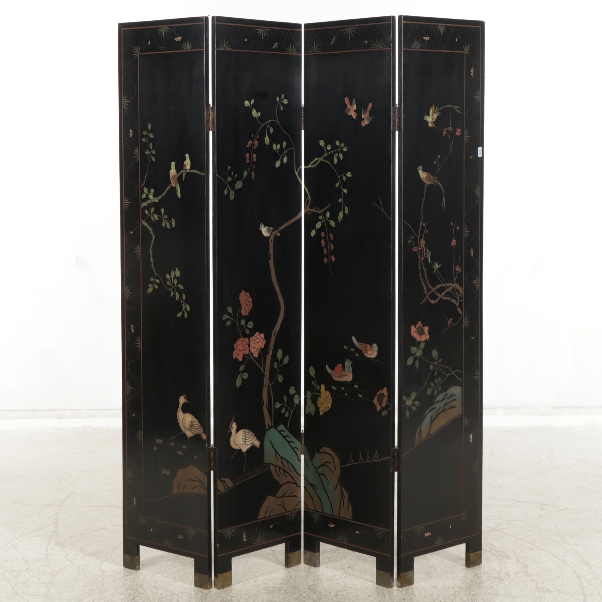 Chinese Style Black Four-Panel Room Screen with Incised Decorations