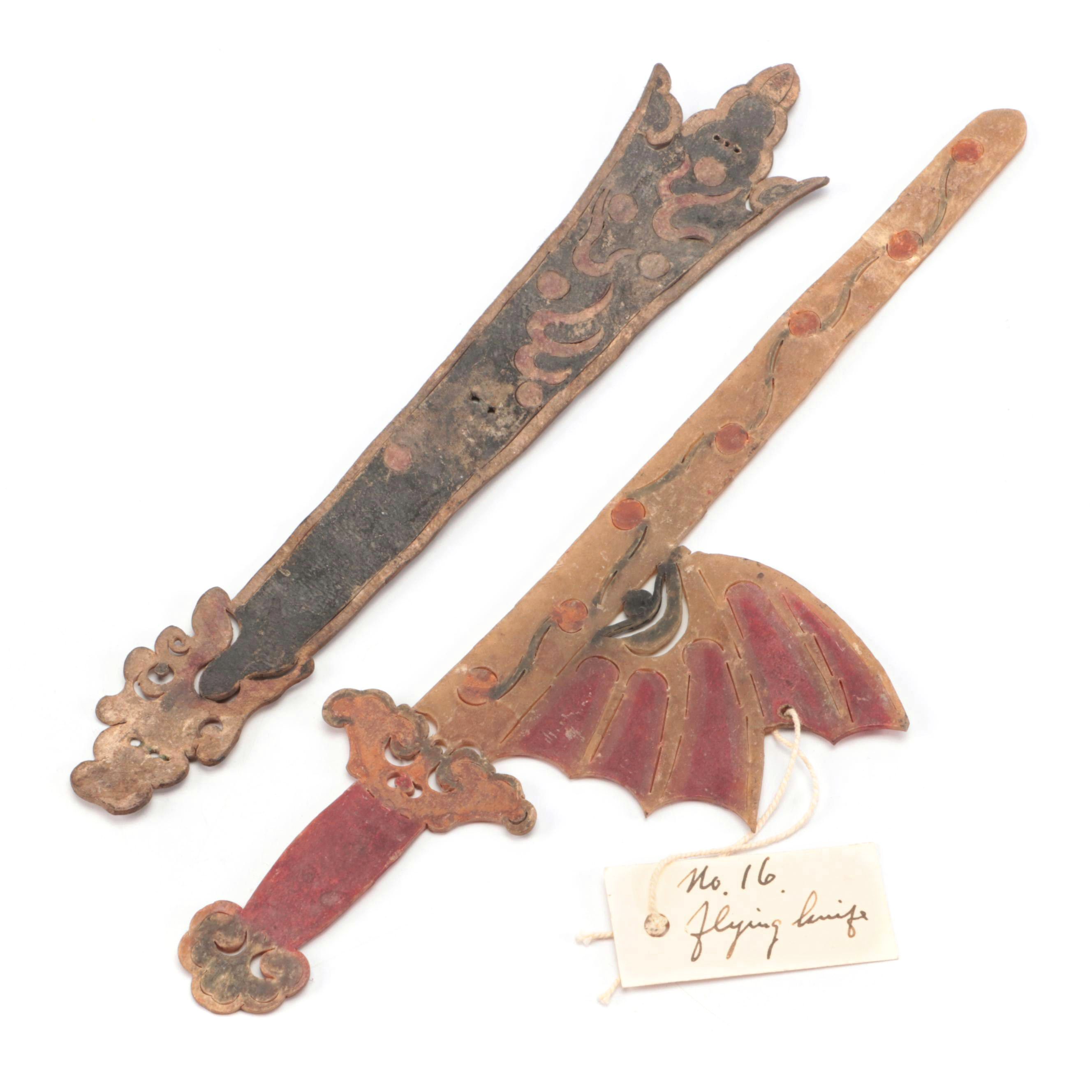 Chinese Flying Dagger and Sword Vellum Shadow Puppet Accessories, Circa 1870
