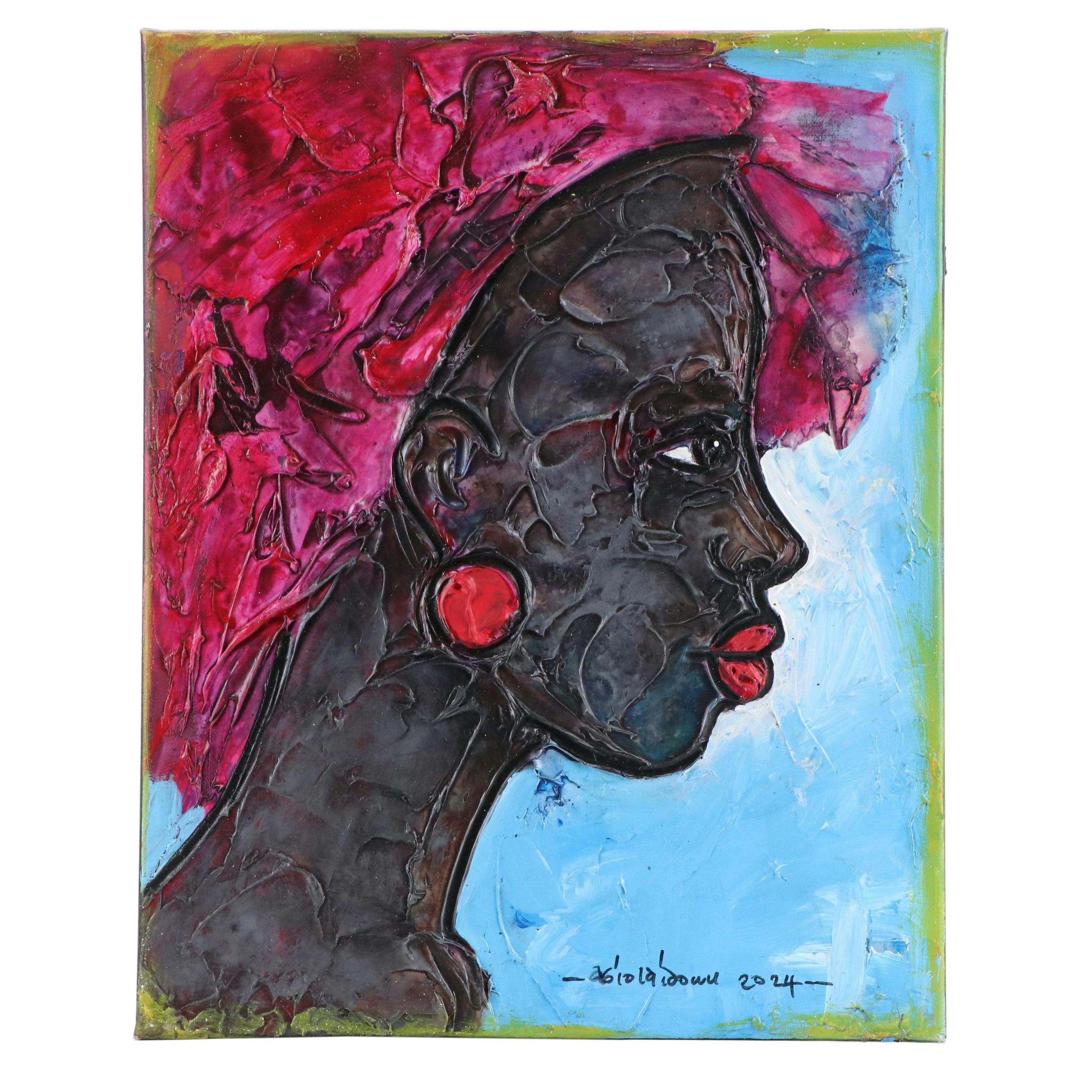 Abiola Idowu Stylized Mixed Media Portrait "Omolayo (Child of Joy)," 2024