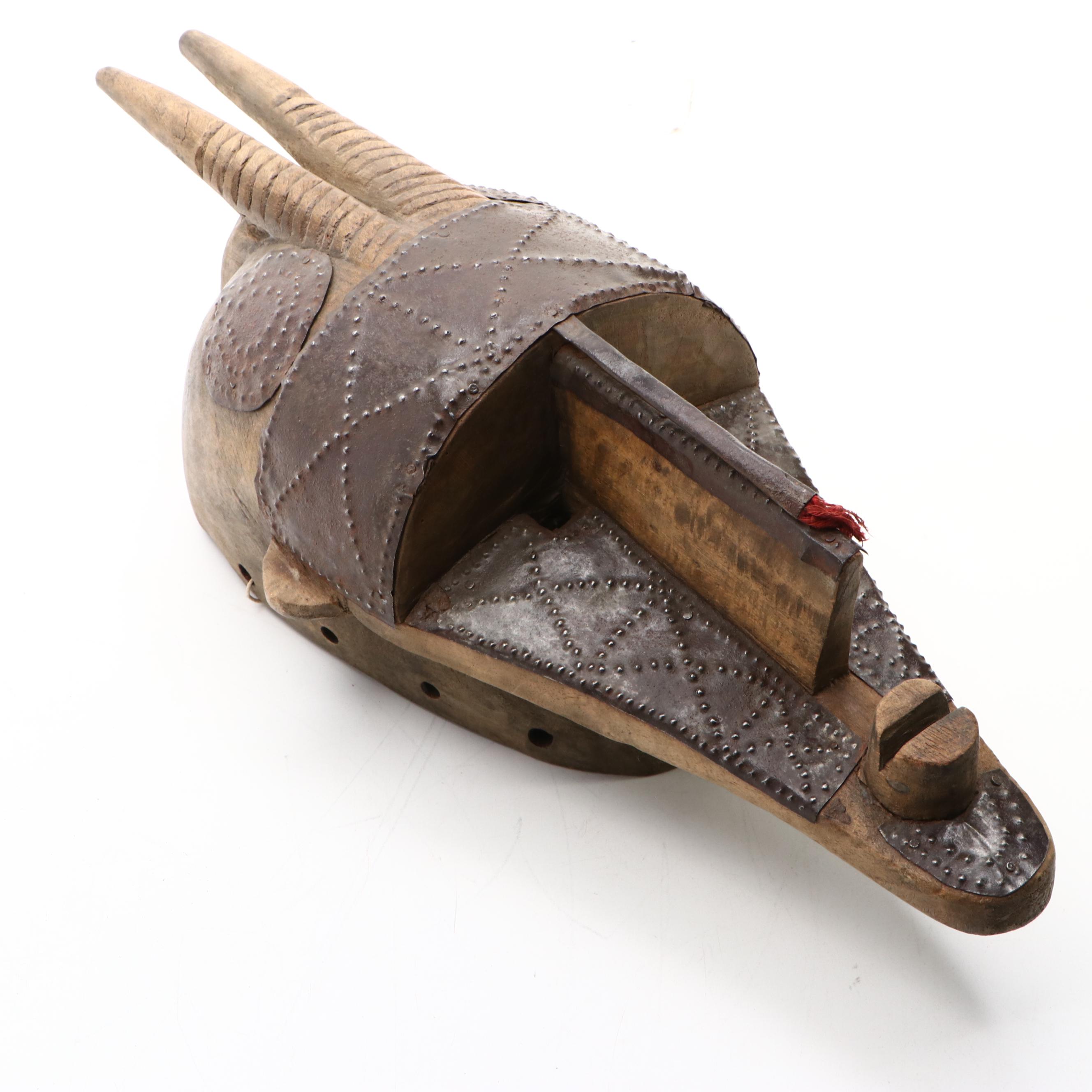 Mali West African Marka Carved Wood and Riveted Metal Horned Mask