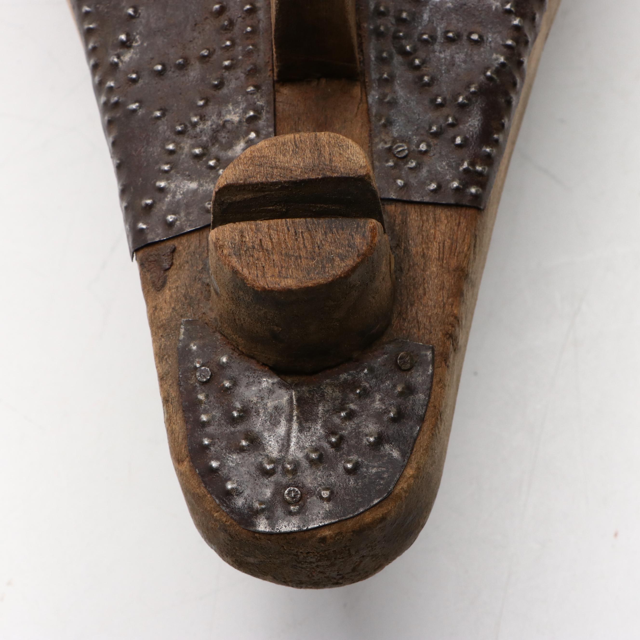 Mali West African Marka Carved Wood and Riveted Metal Horned Mask