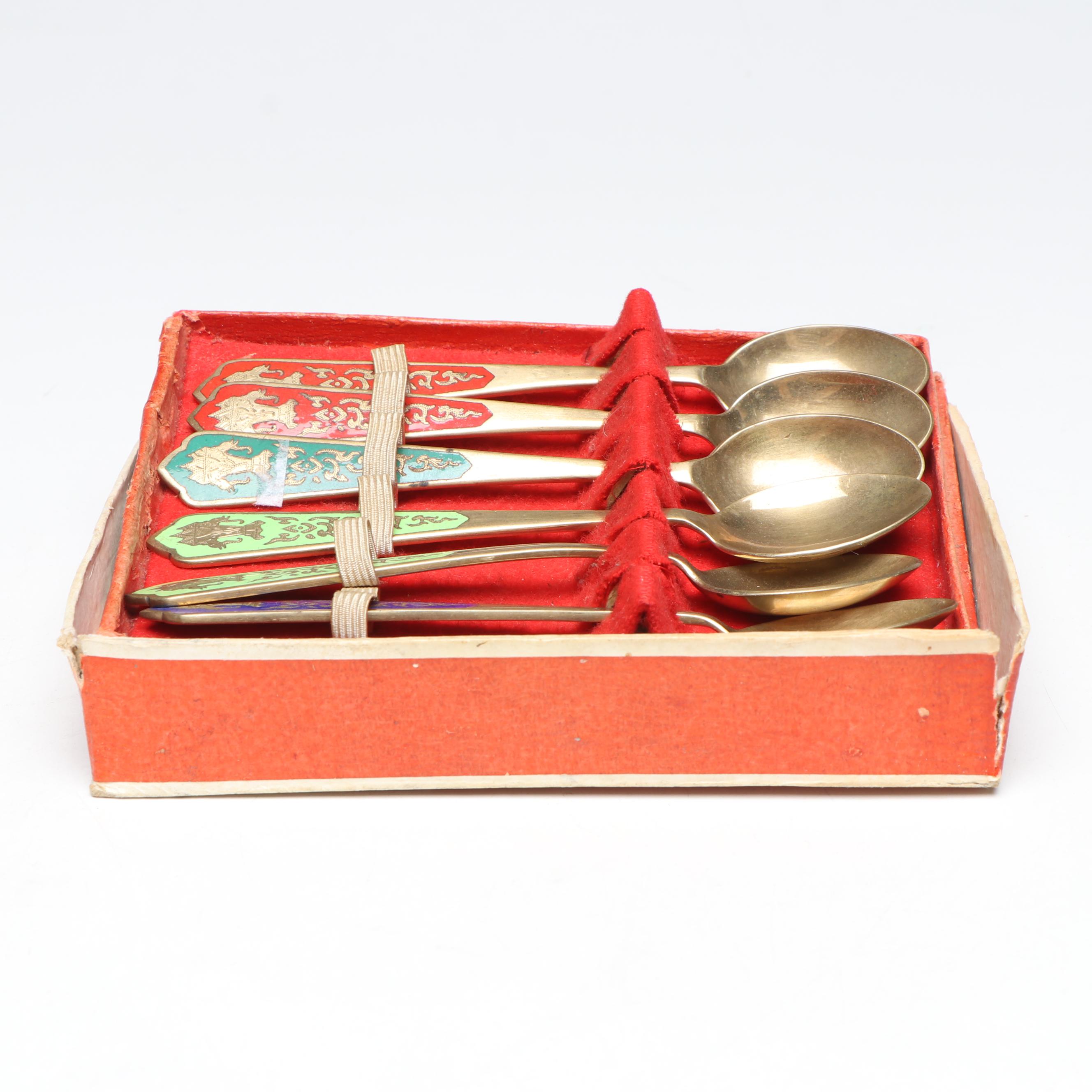 Thai Brass Demitasse Spoons with Enamel Inlay Handles, Mid to Late 20th Century