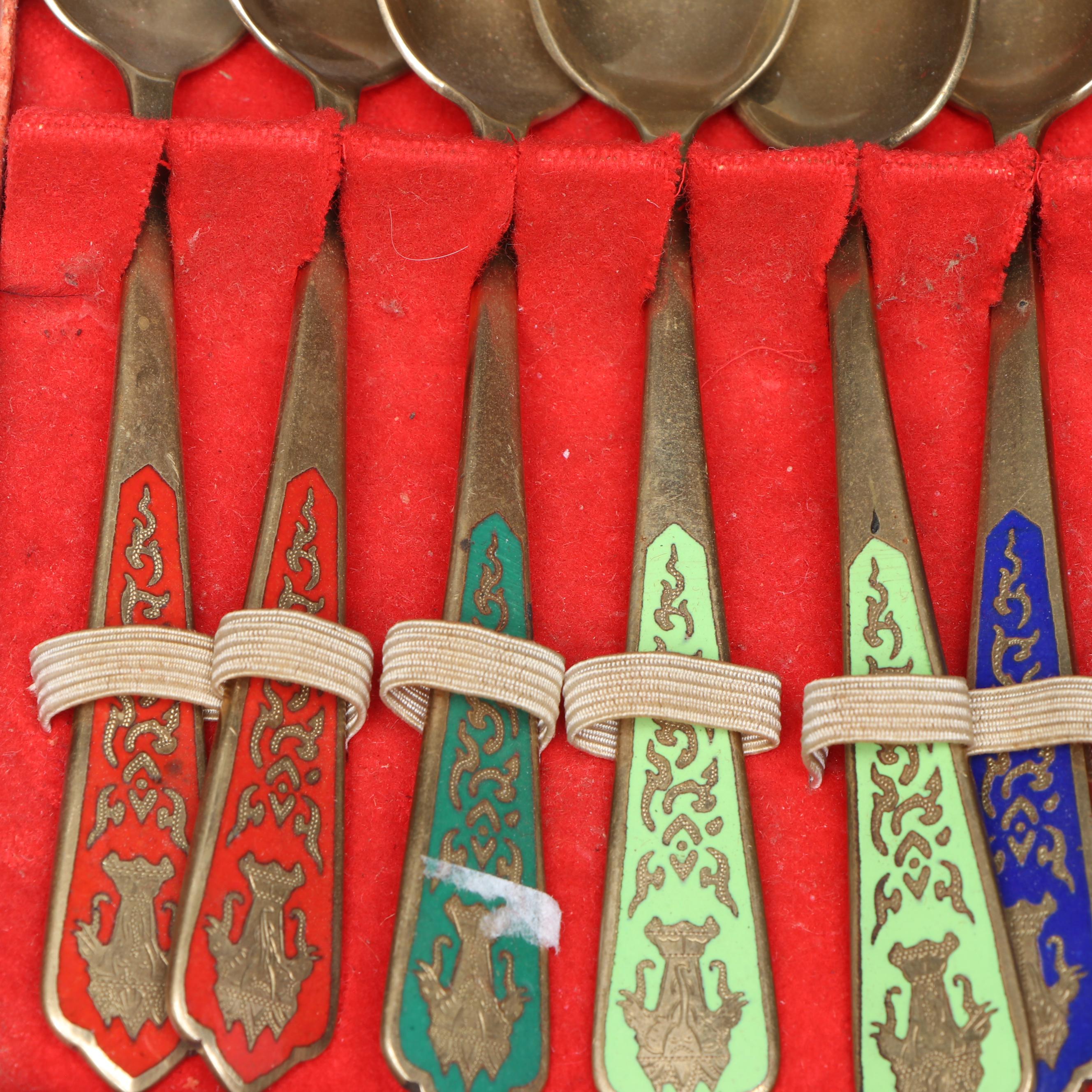 Thai Brass Demitasse Spoons with Enamel Inlay Handles, Mid to Late 20th Century