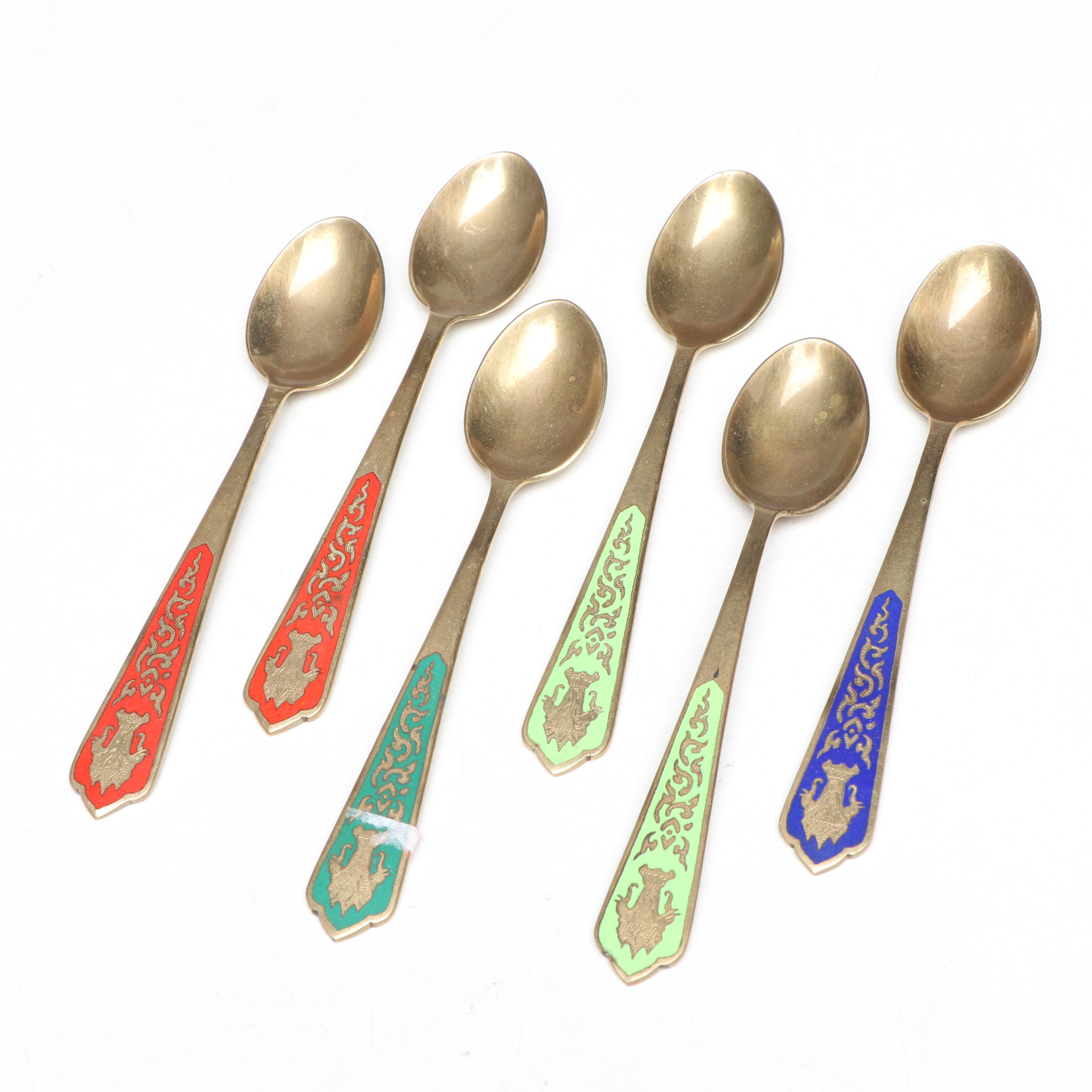 Thai Brass Demitasse Spoons with Enamel Inlay Handles, Mid to Late 20th Century