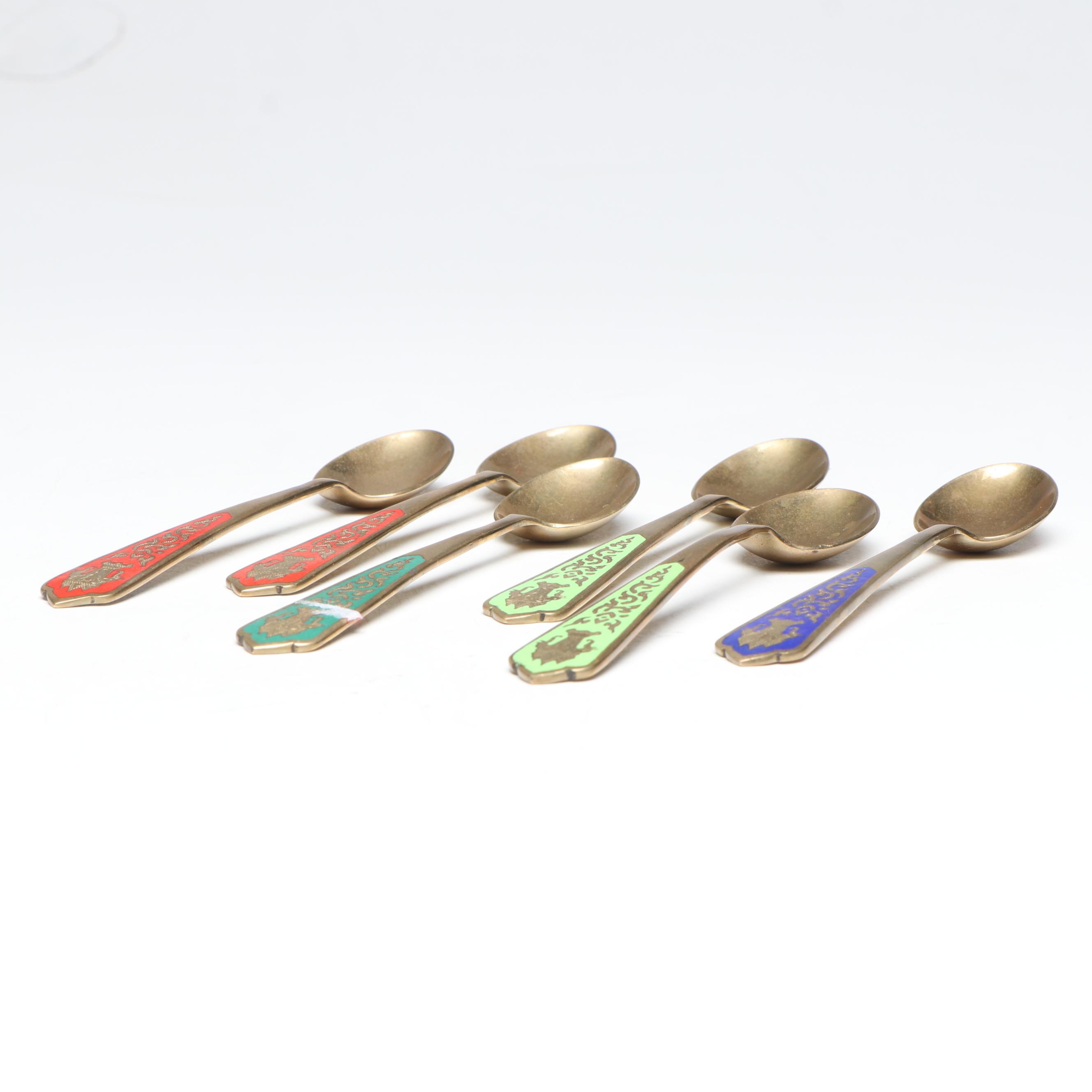 Thai Brass Demitasse Spoons with Enamel Inlay Handles, Mid to Late 20th Century