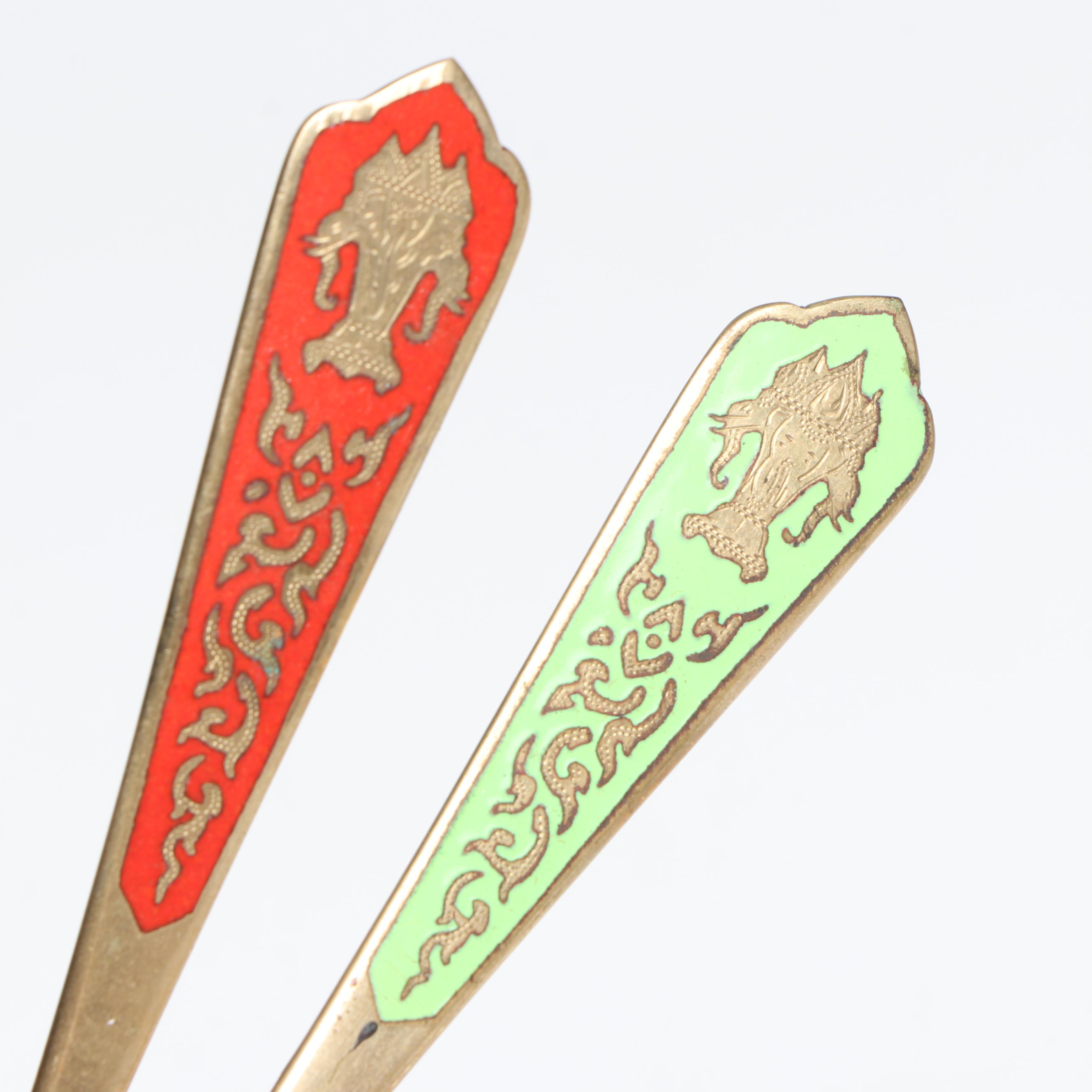 Thai Brass Demitasse Spoons with Enamel Inlay Handles, Mid to Late 20th Century
