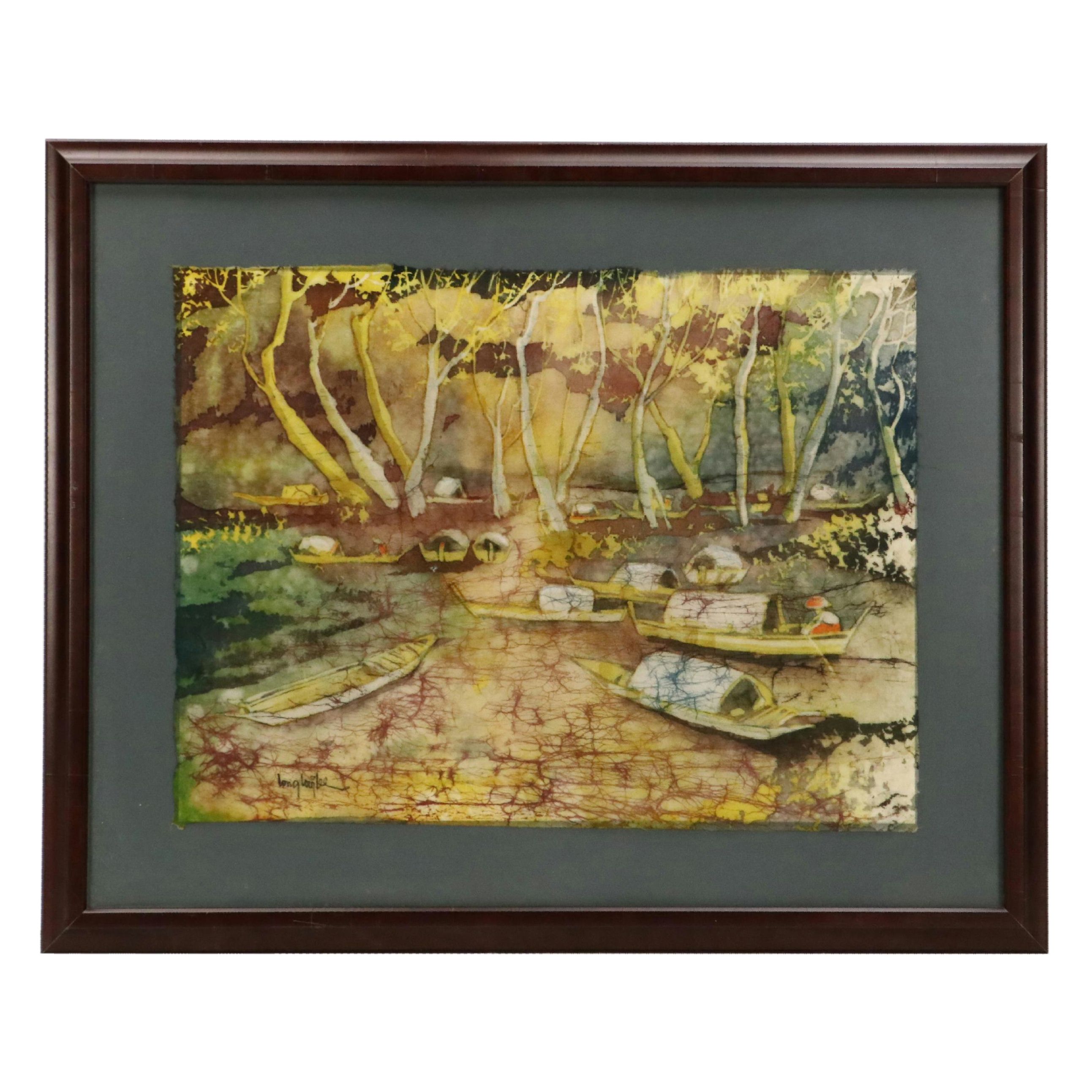 Lee Long Looi Watercolor Painting of River Boats in Forest, Late 20th Century