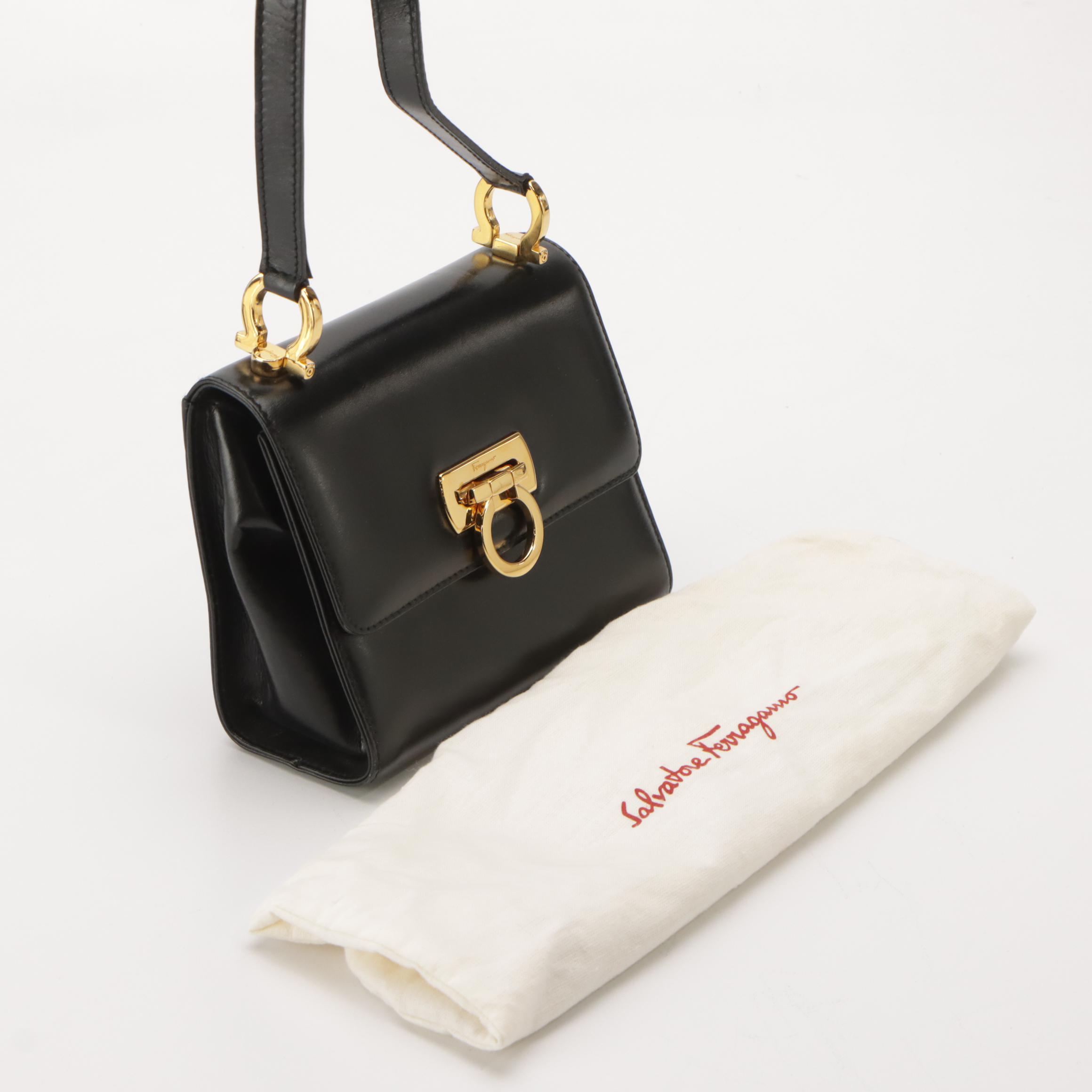 Salvatore Ferragamo Mini Gancini Flap Two Way Bag in Black Calfskin Leather