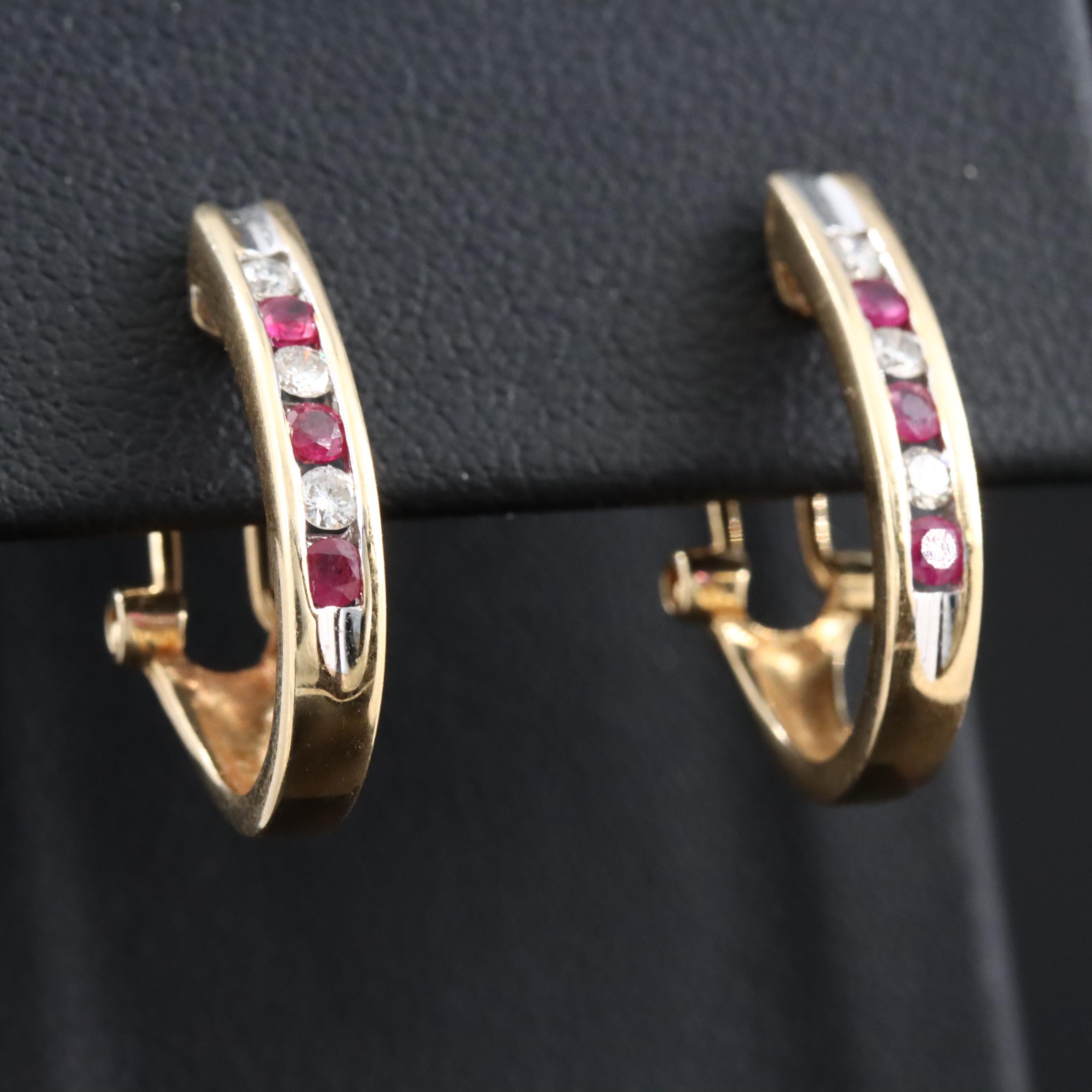 14K Diamond and Ruby Hoop Earrings