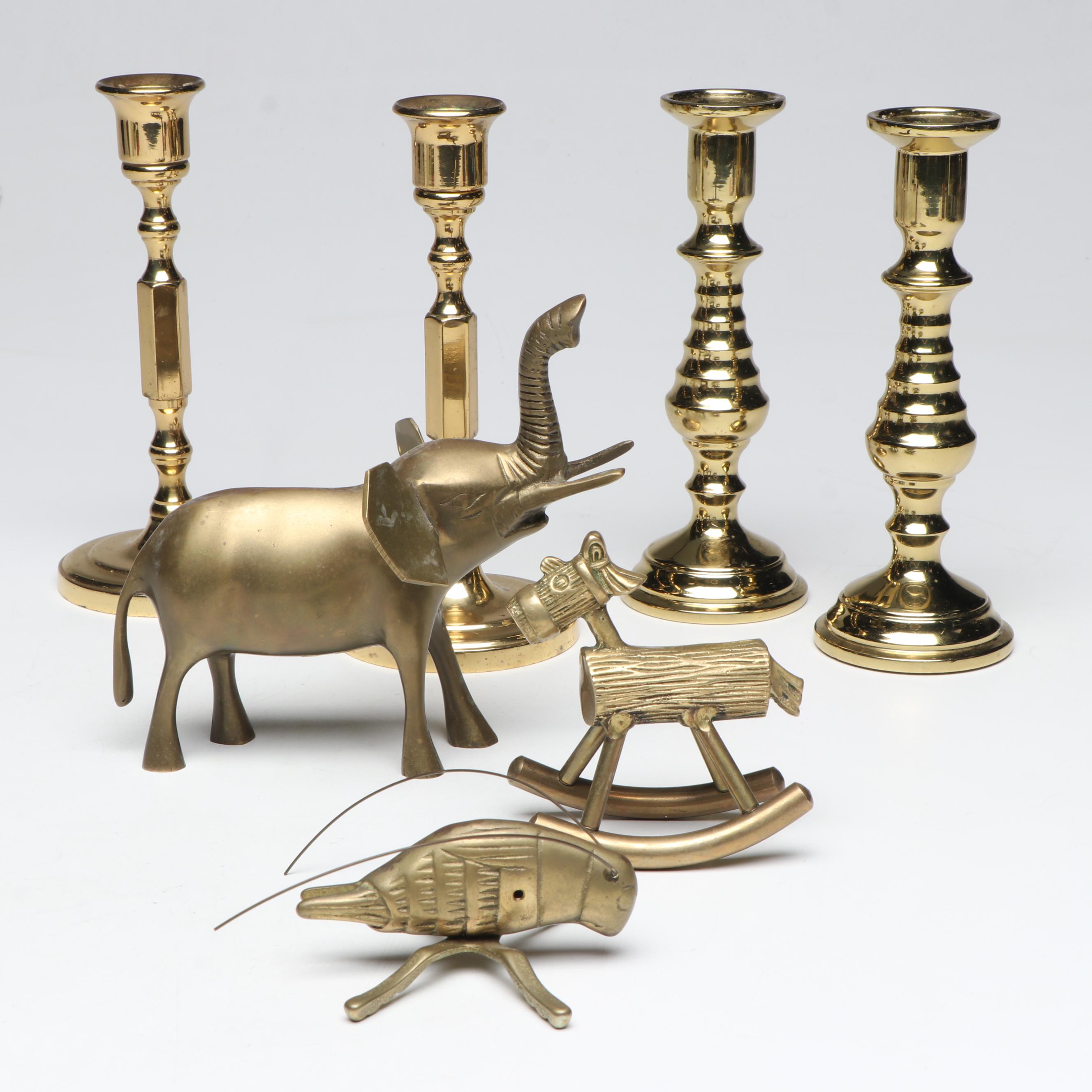 Virginia Metalcrafters and Other Brass Candlesticks with Brass Figurines