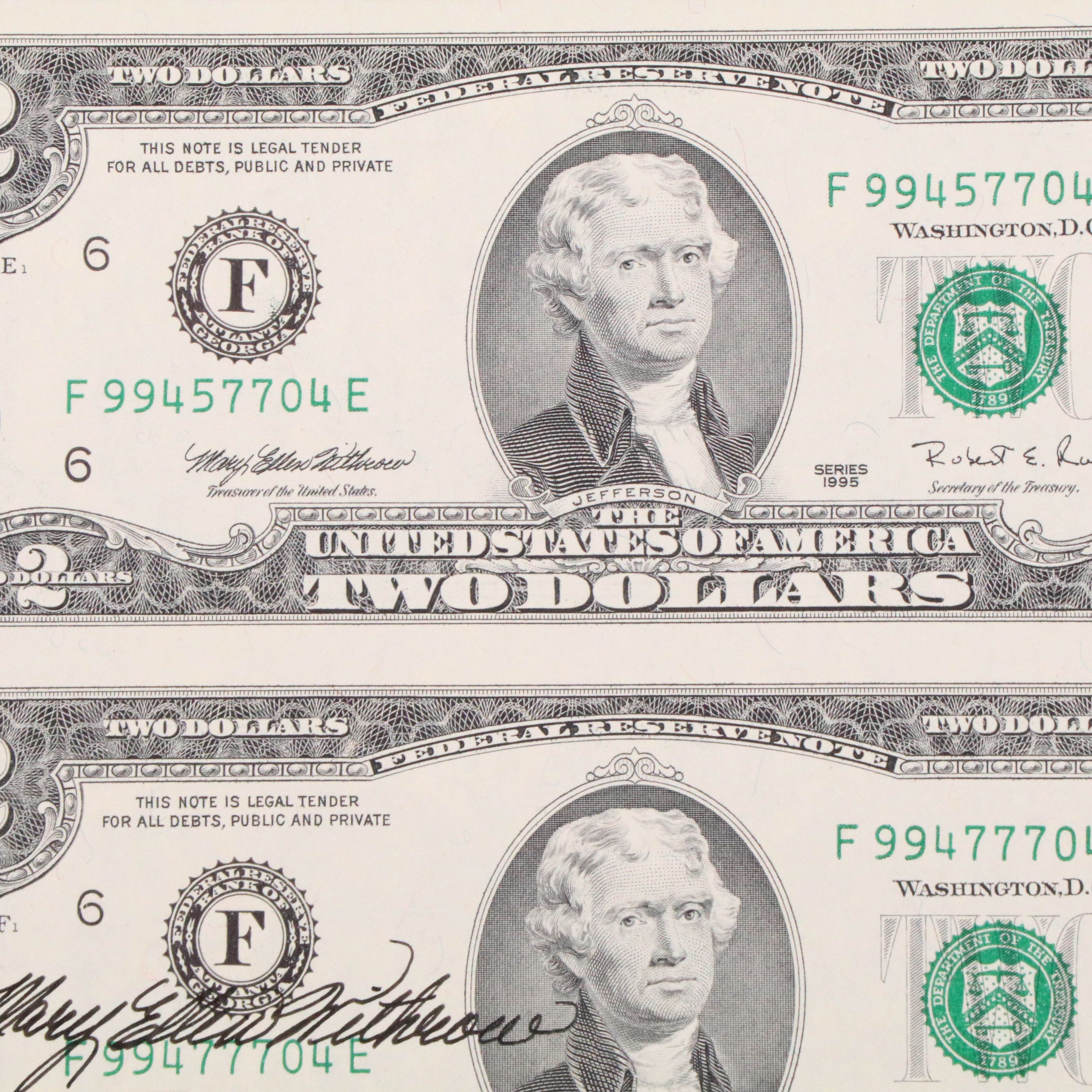 Uncut Sheet of Four 1995 $2 U.S.Federal Reserve Notes