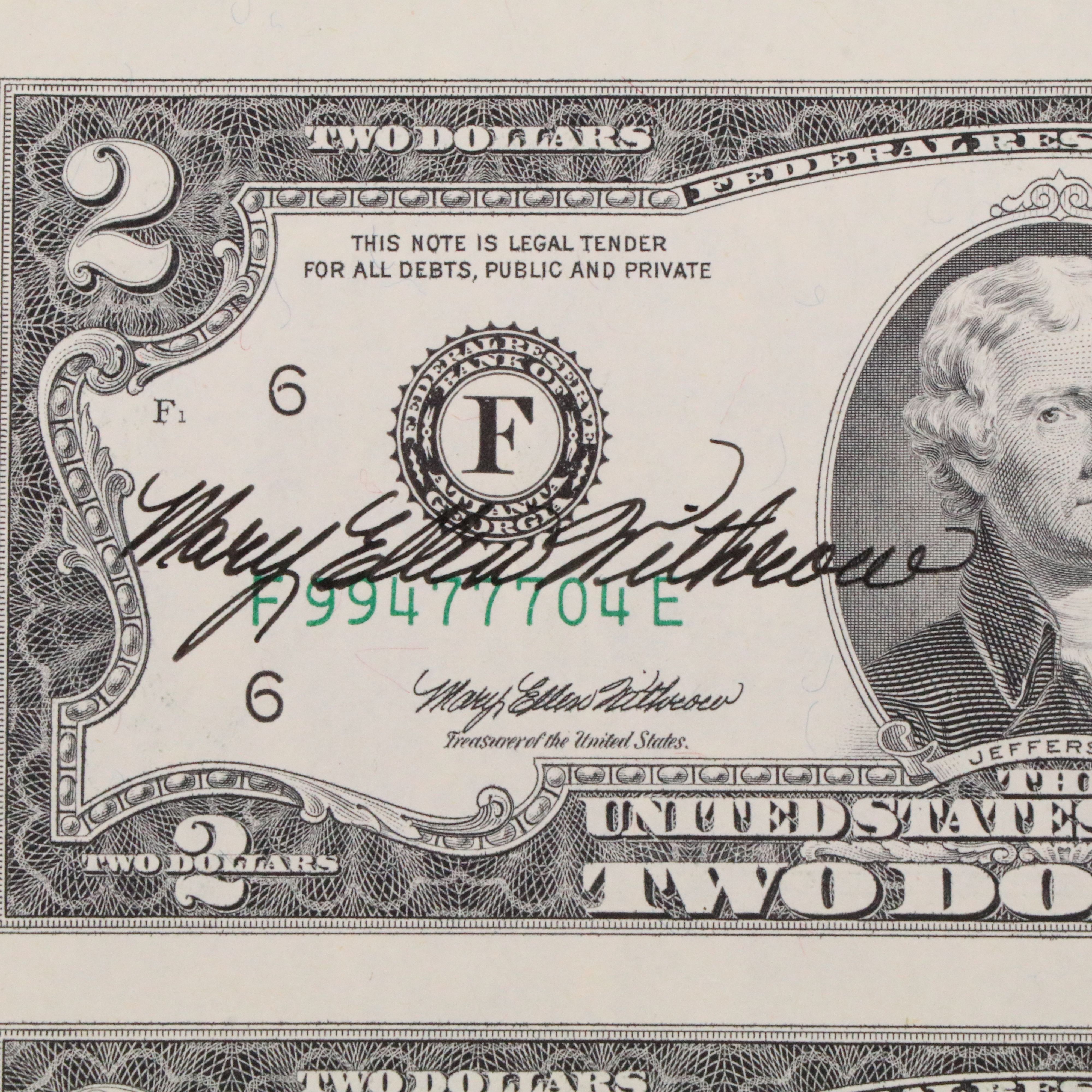 Uncut Sheet of Four 1995 $2 U.S.Federal Reserve Notes