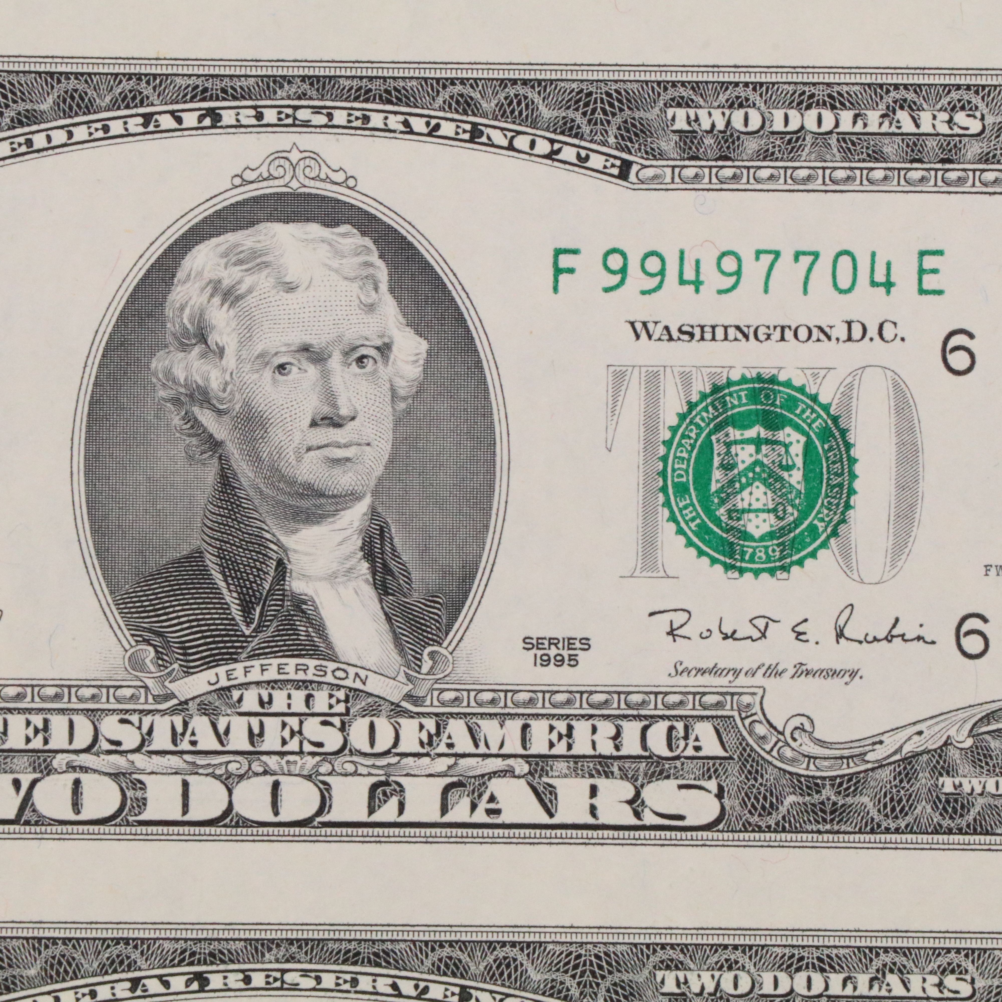 Uncut Sheet of Four 1995 $2 U.S.Federal Reserve Notes