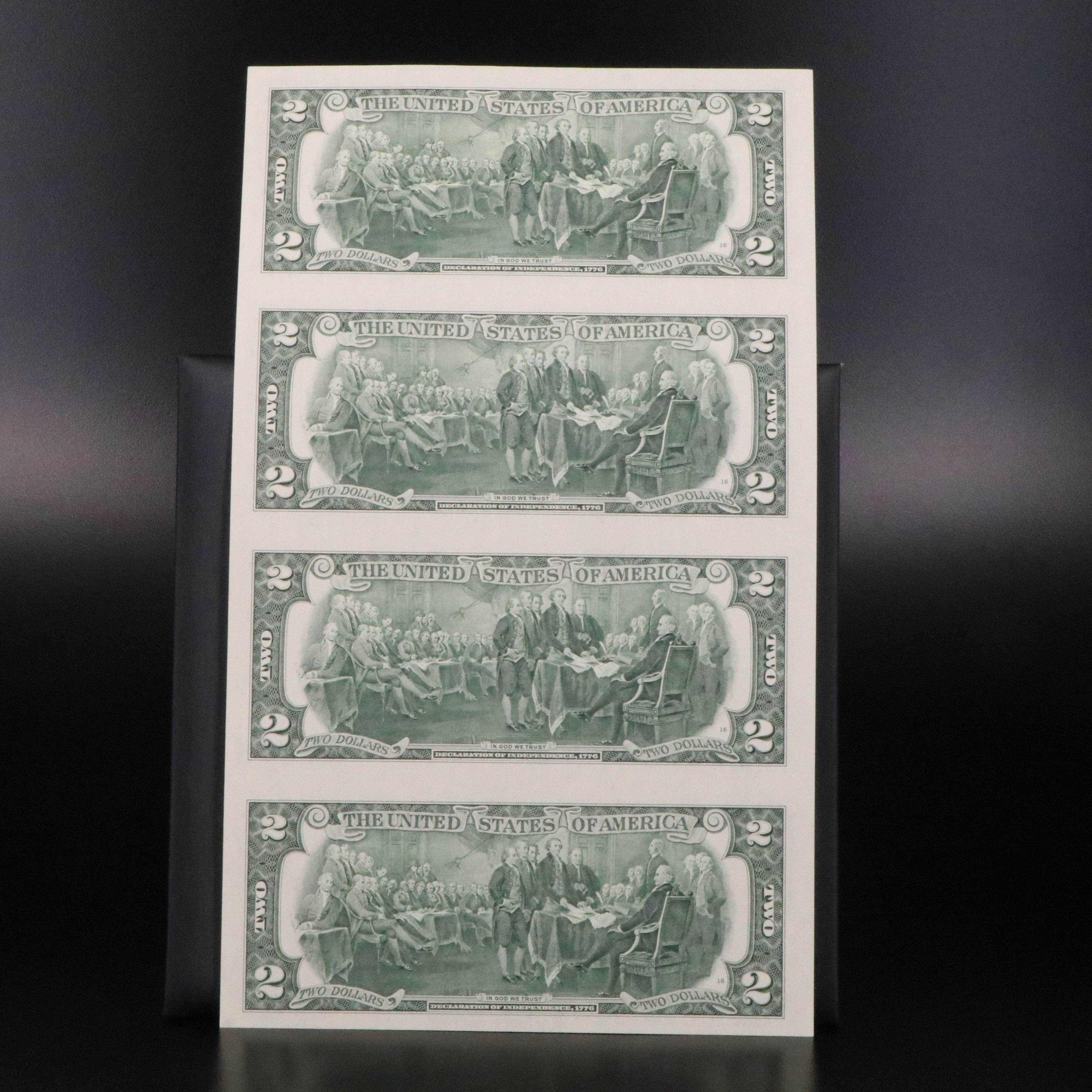 Uncut Sheet of Four 1995 $2 U.S.Federal Reserve Notes