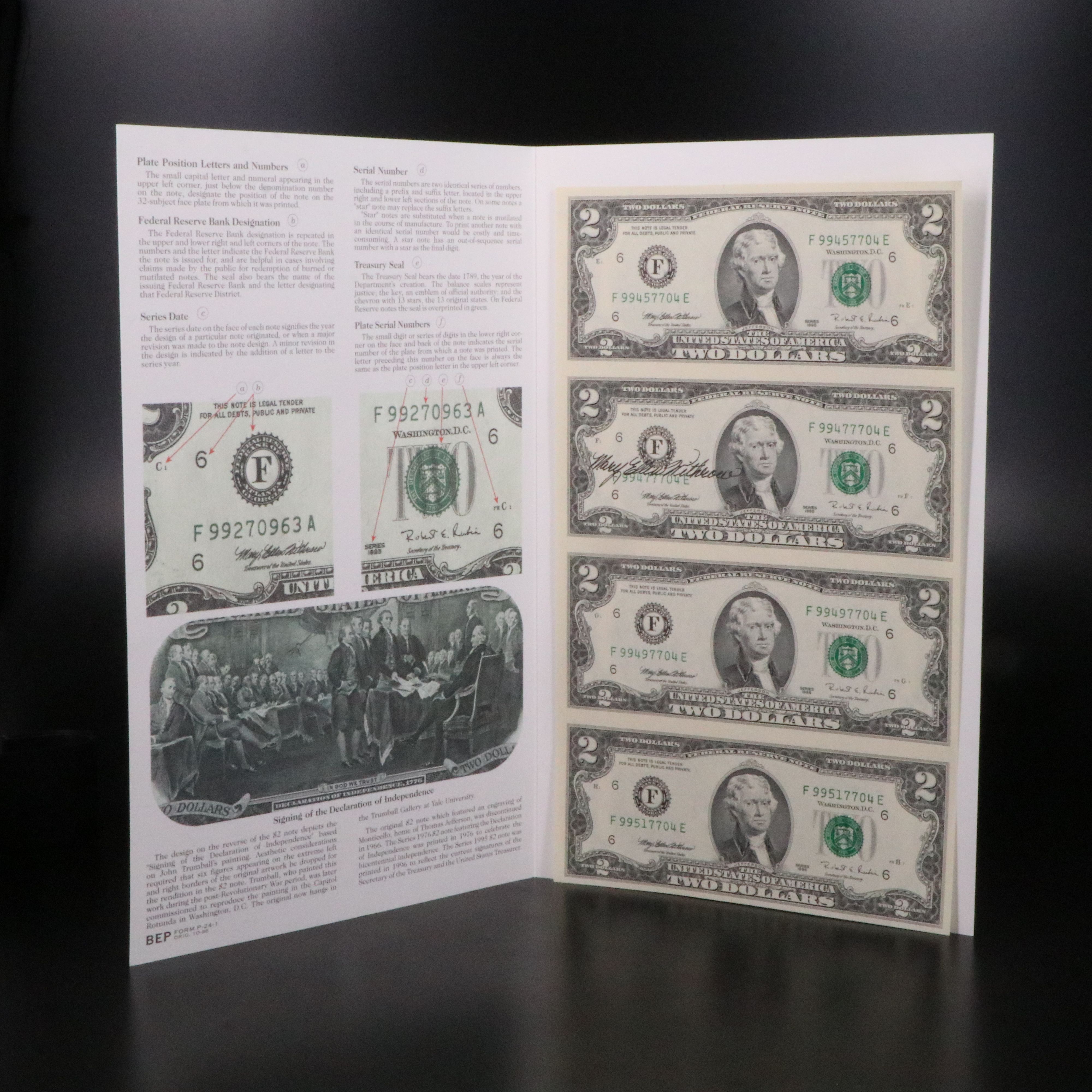 Uncut Sheet of Four 1995 $2 U.S.Federal Reserve Notes