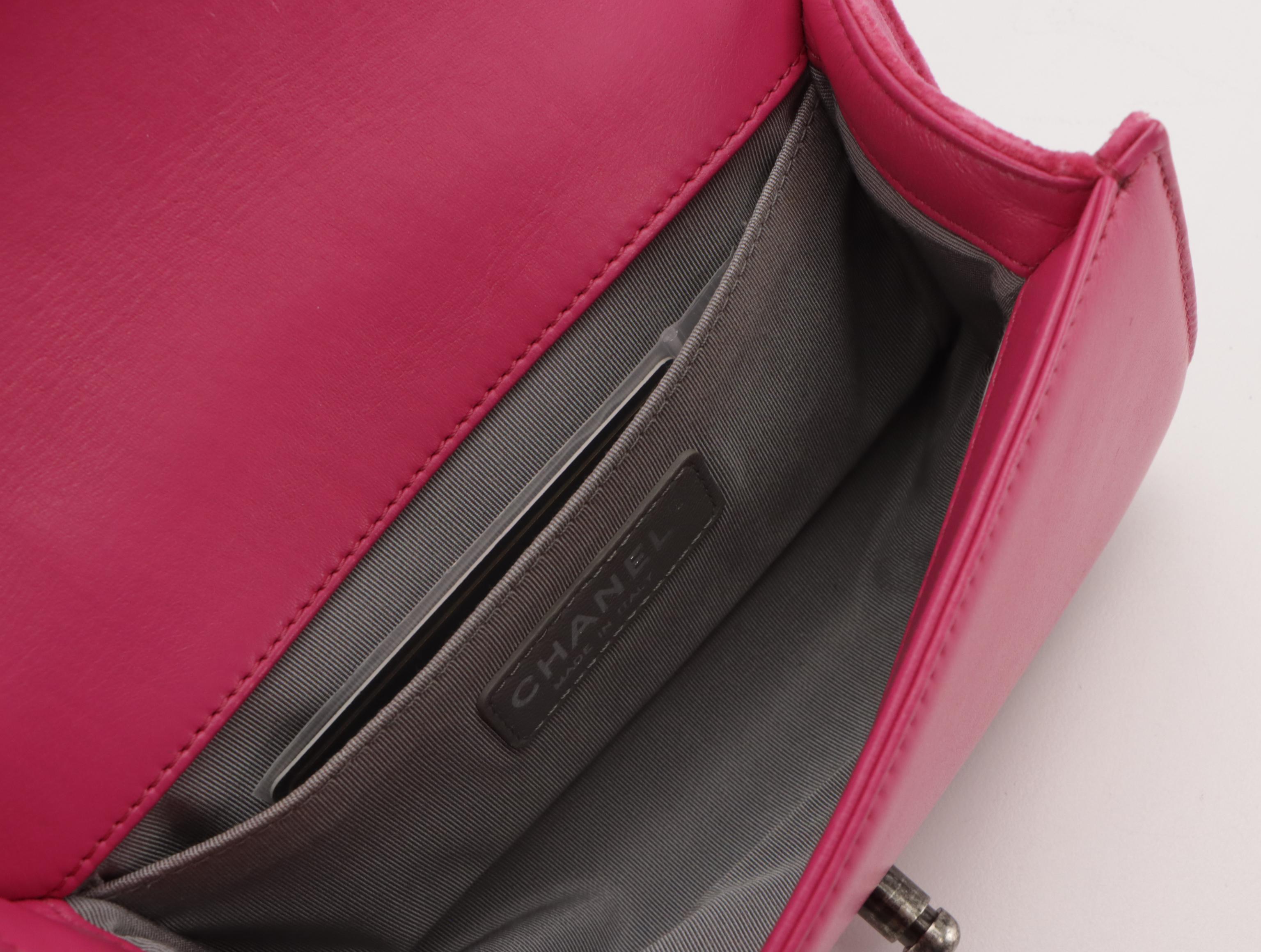 Chanel Small Boy Flap Chain Bag in Magenta Pink Quilted Velvet and Calf Leather