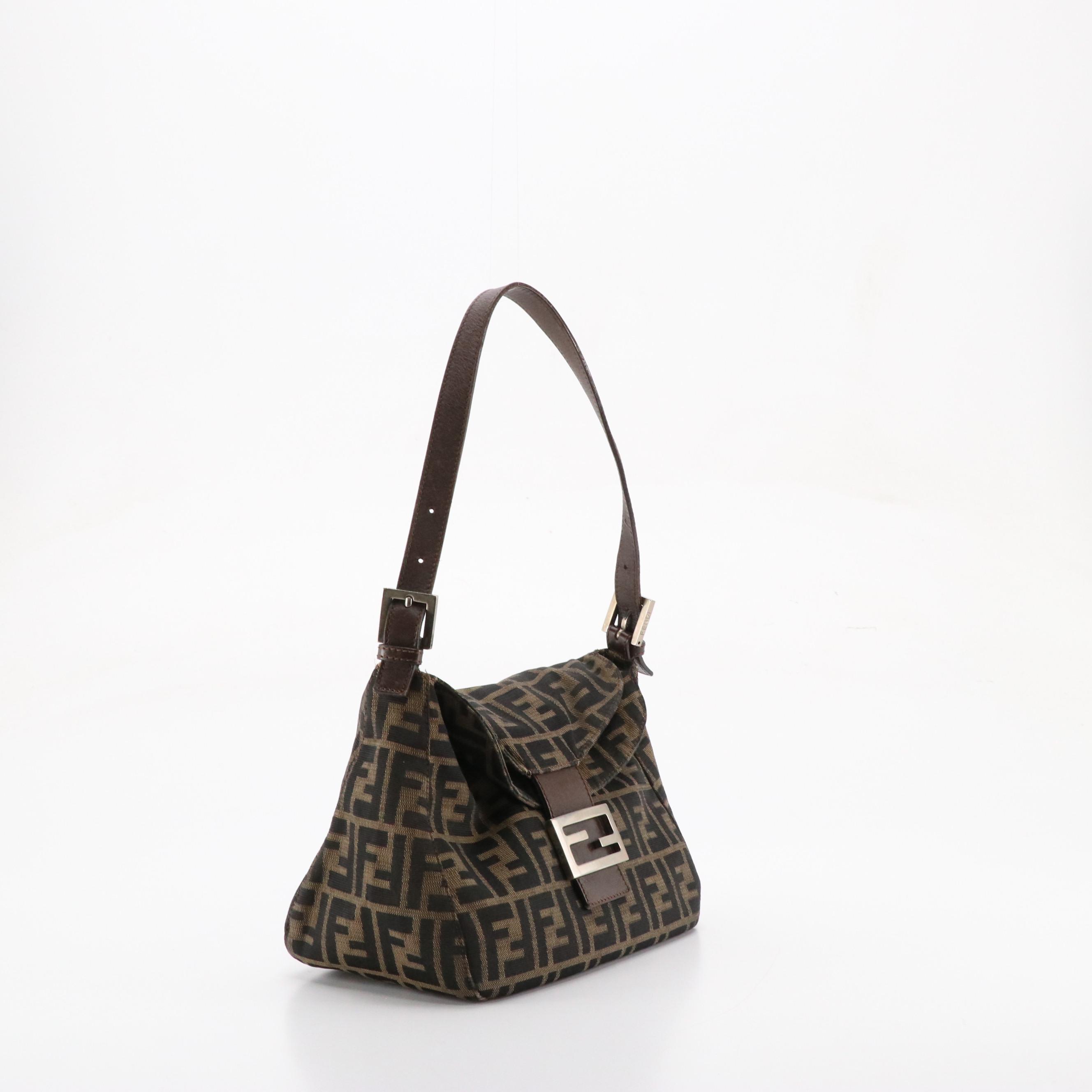 Fendi Double Flap Baguette Shoulder Bag in Zucca Canvas and Leather