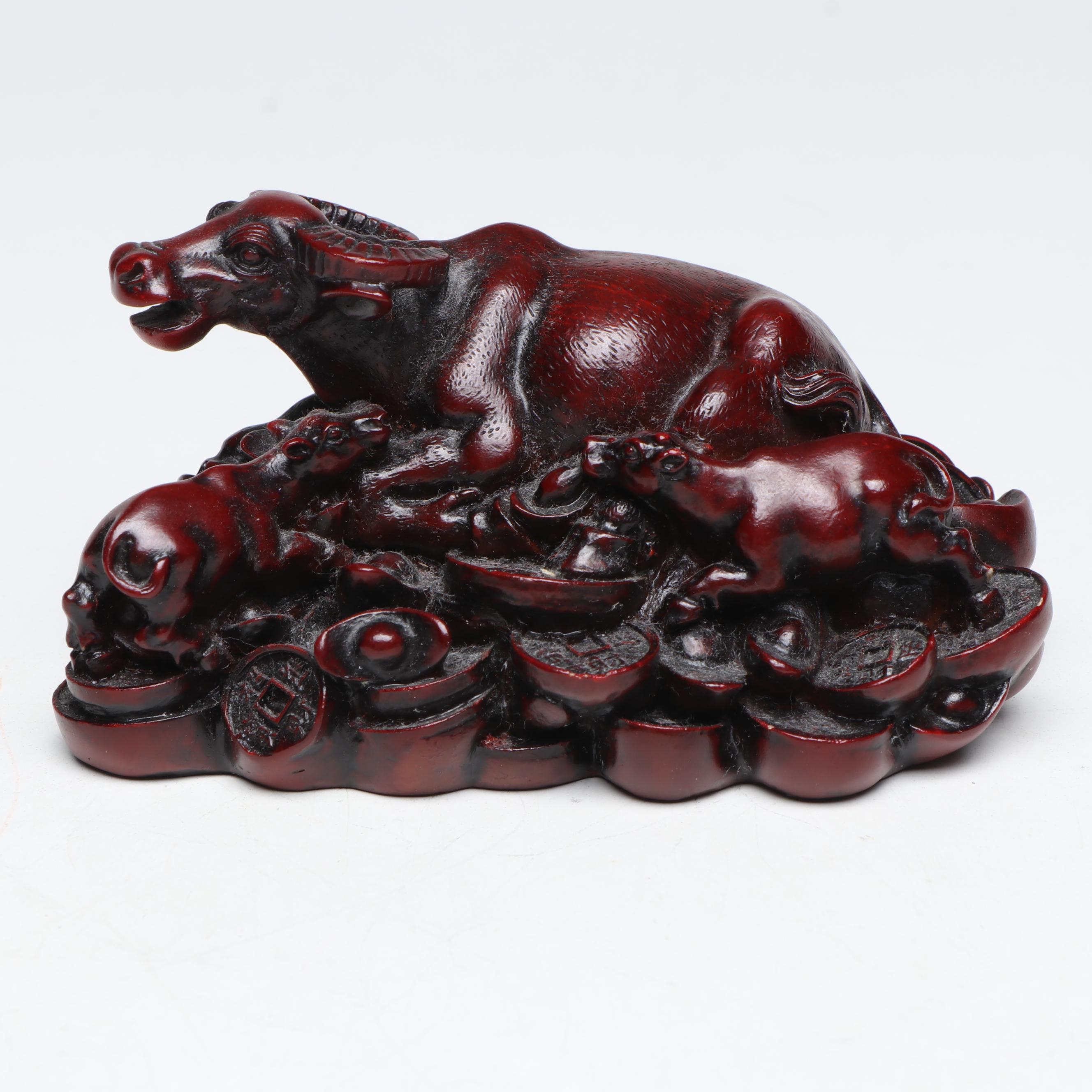 Chinese Feng Shui Water Buffalo with Calves on Coin Hoard Resin Figure