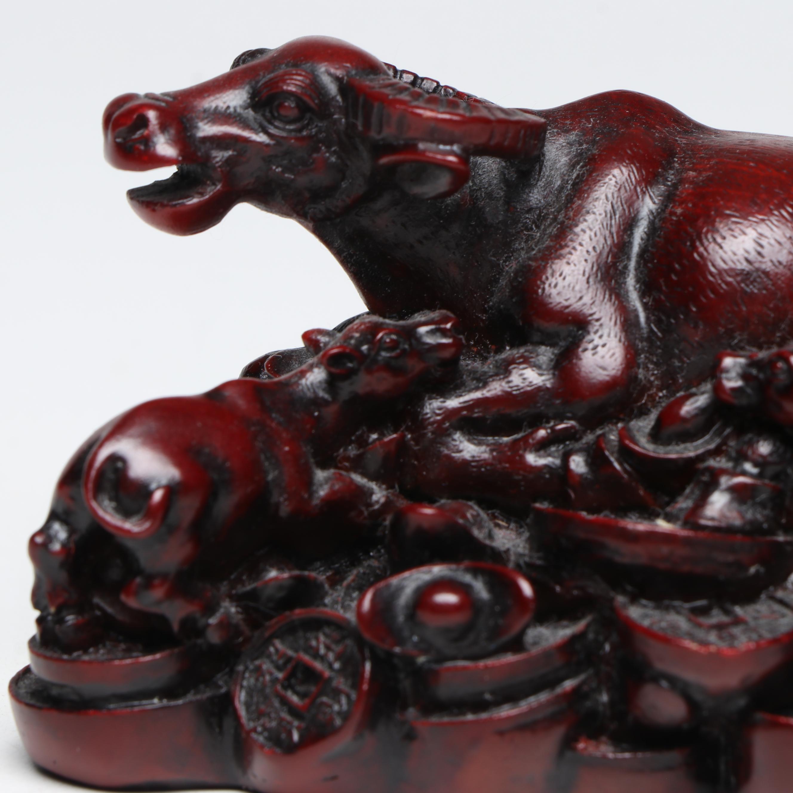 Chinese Feng Shui Water Buffalo with Calves on Coin Hoard Resin Figure