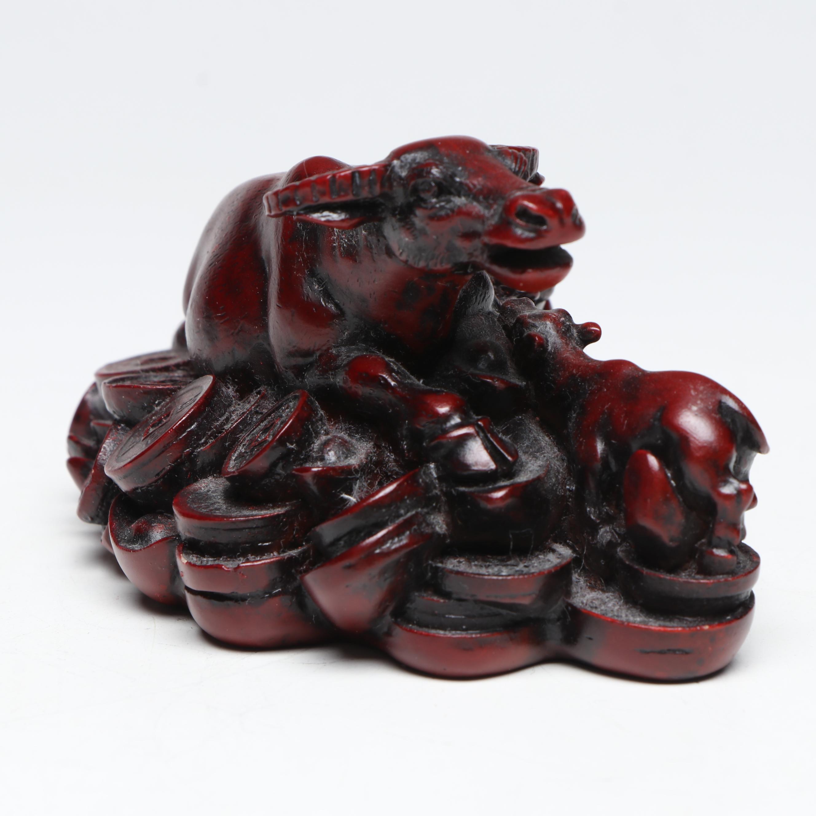 Chinese Feng Shui Water Buffalo with Calves on Coin Hoard Resin Figure