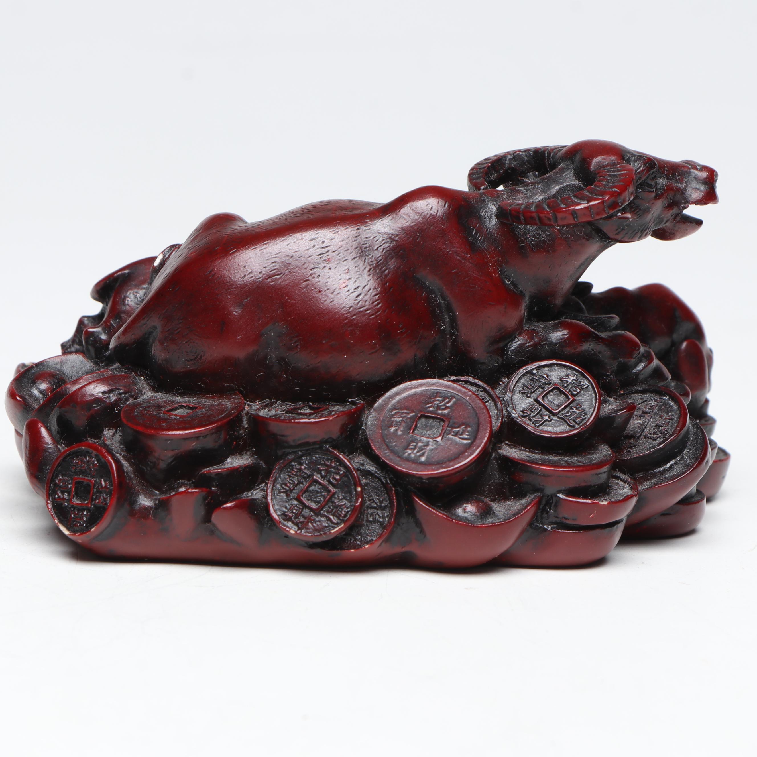 Chinese Feng Shui Water Buffalo with Calves on Coin Hoard Resin Figure