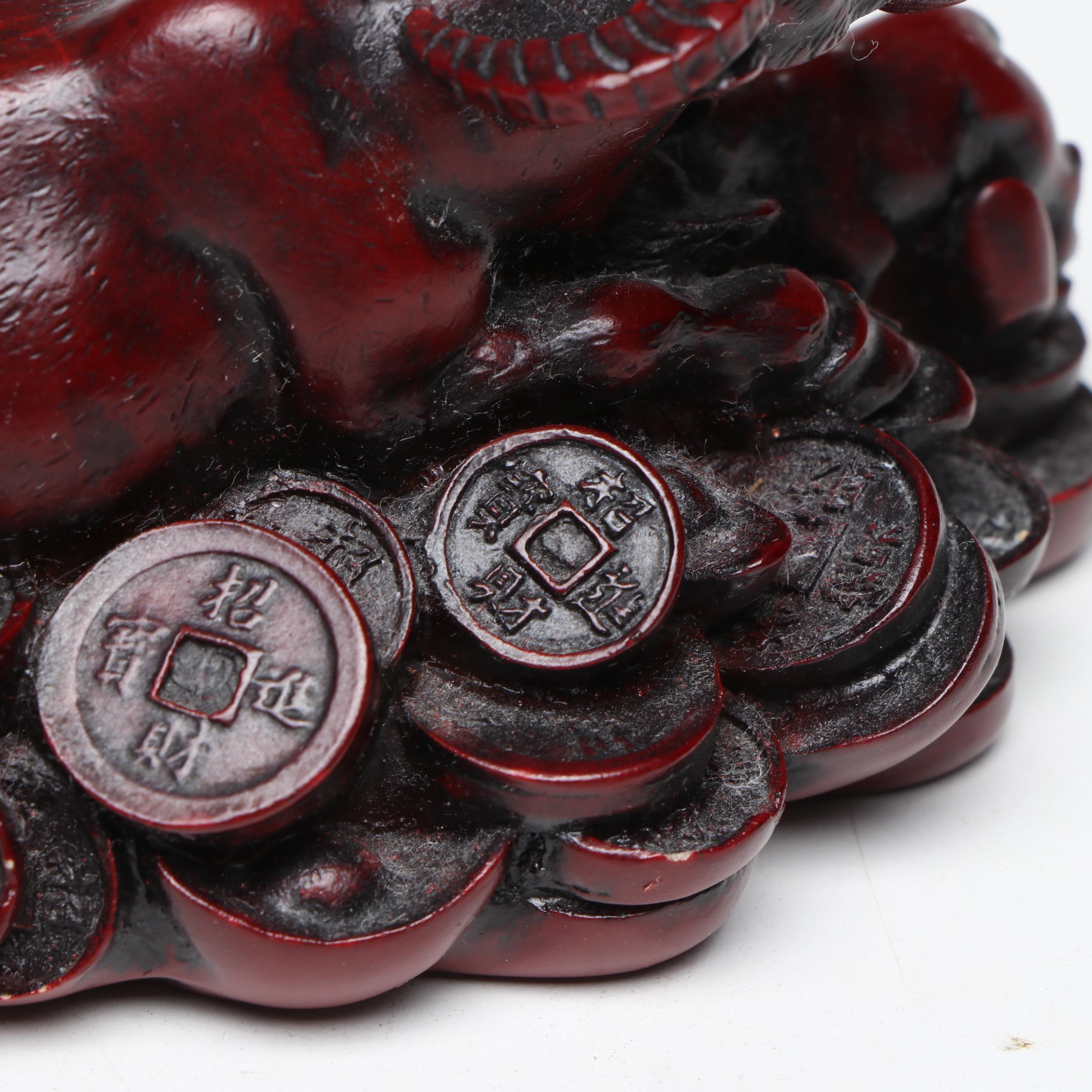 Chinese Feng Shui Water Buffalo with Calves on Coin Hoard Resin Figure