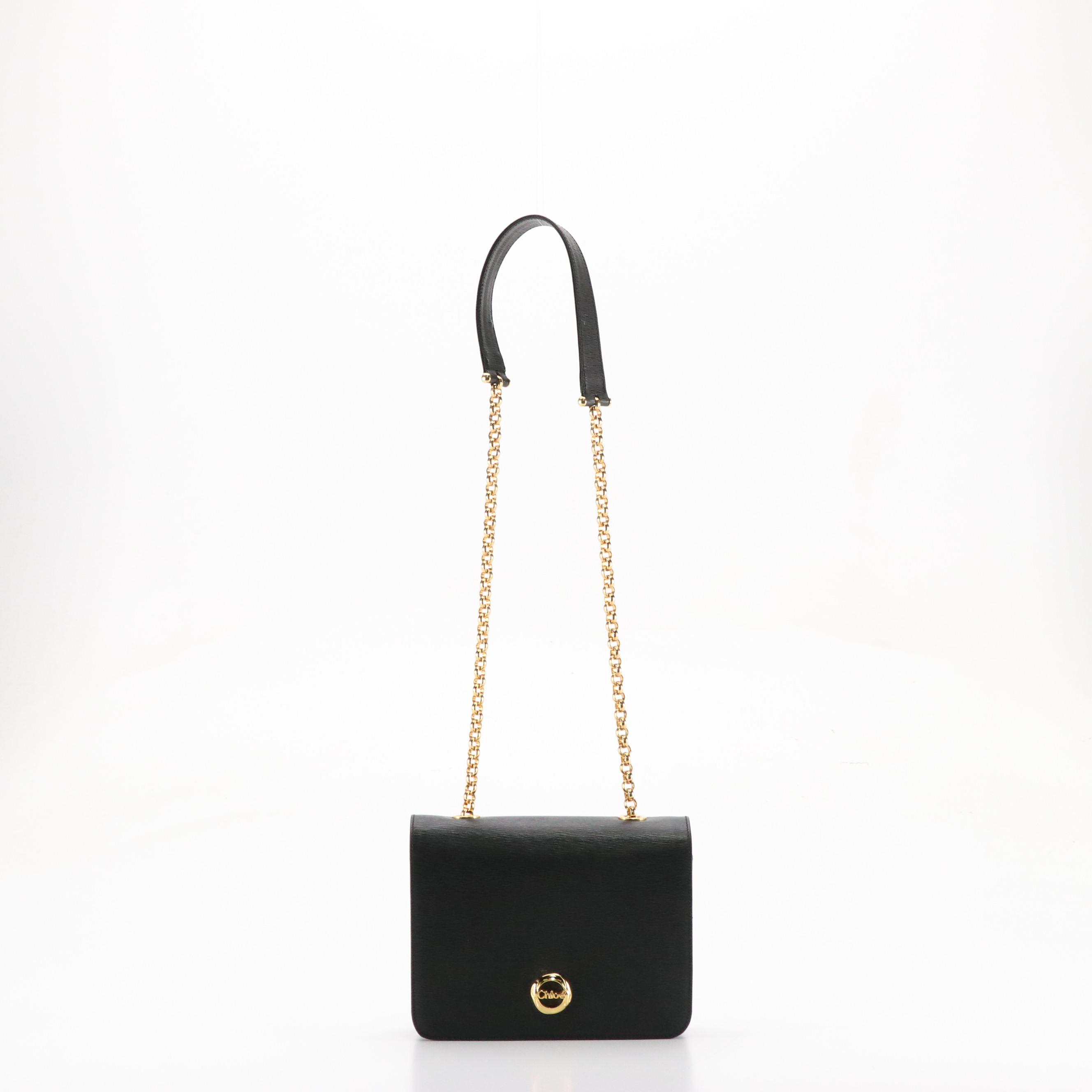 Chloé Front-Flap Rolo Chain Crossbody Bag in Black Textured Leather