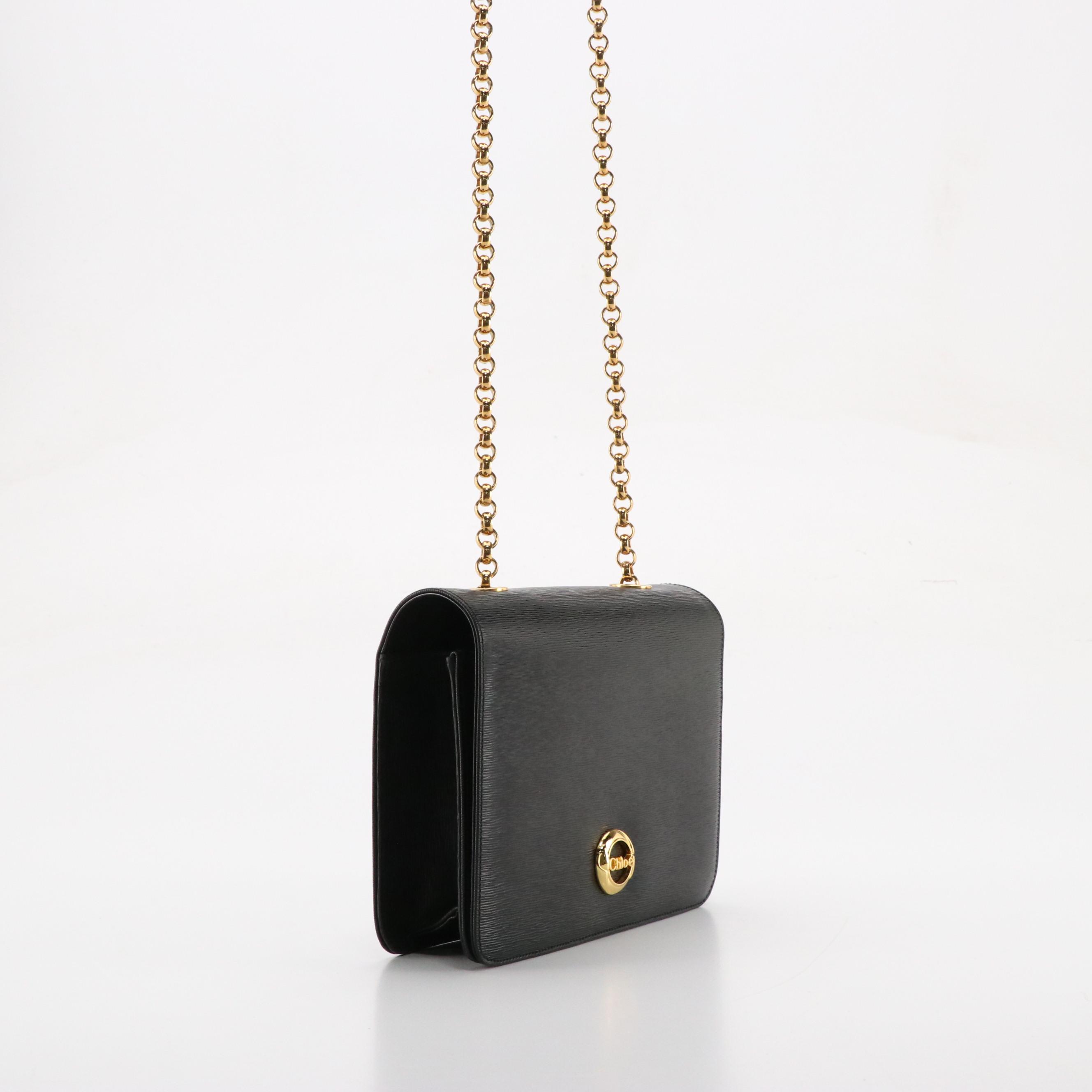 Chloé Front-Flap Rolo Chain Crossbody Bag in Black Textured Leather