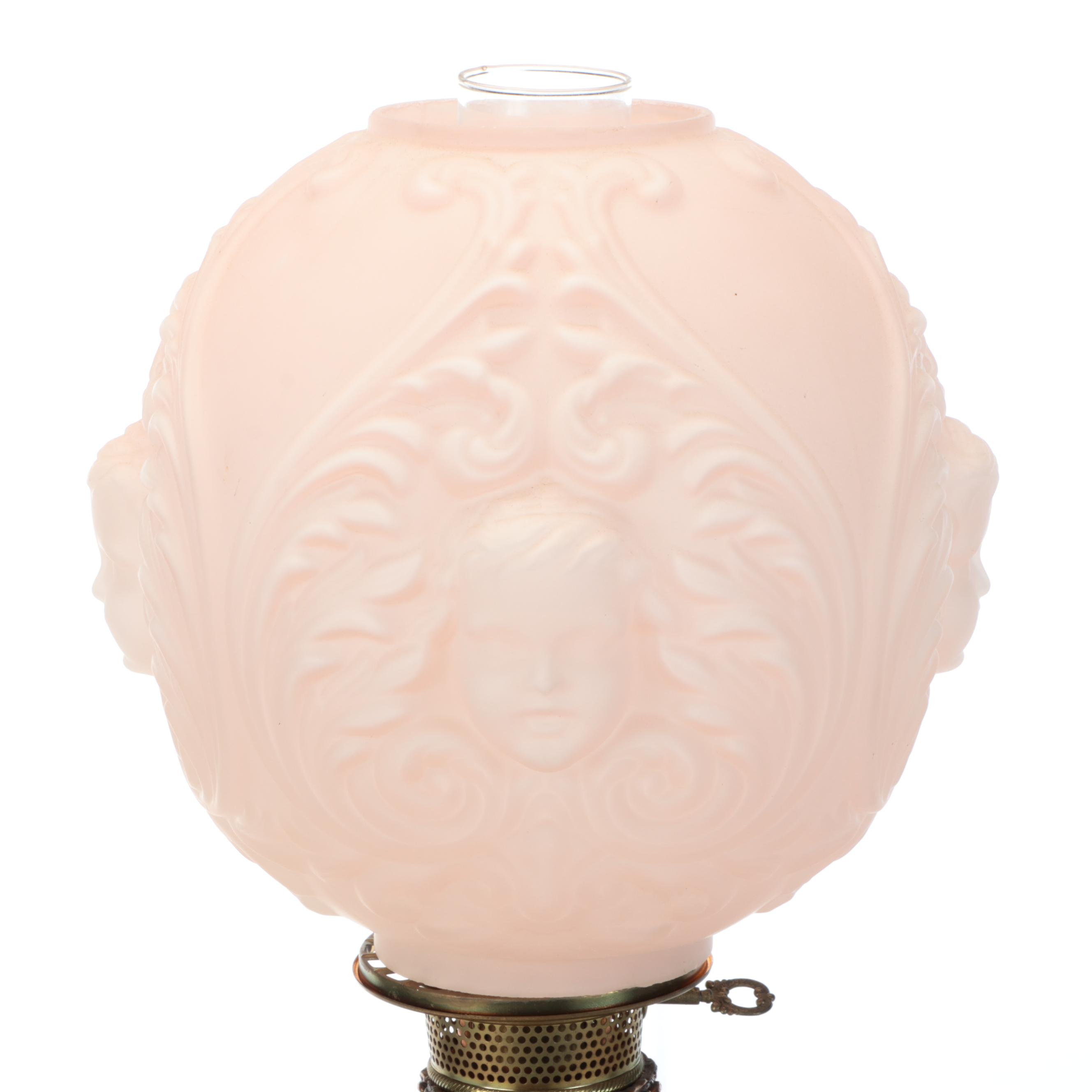 Rococo Style Gilt Metal Table Lamp with Embossed Cherub Glass Shade