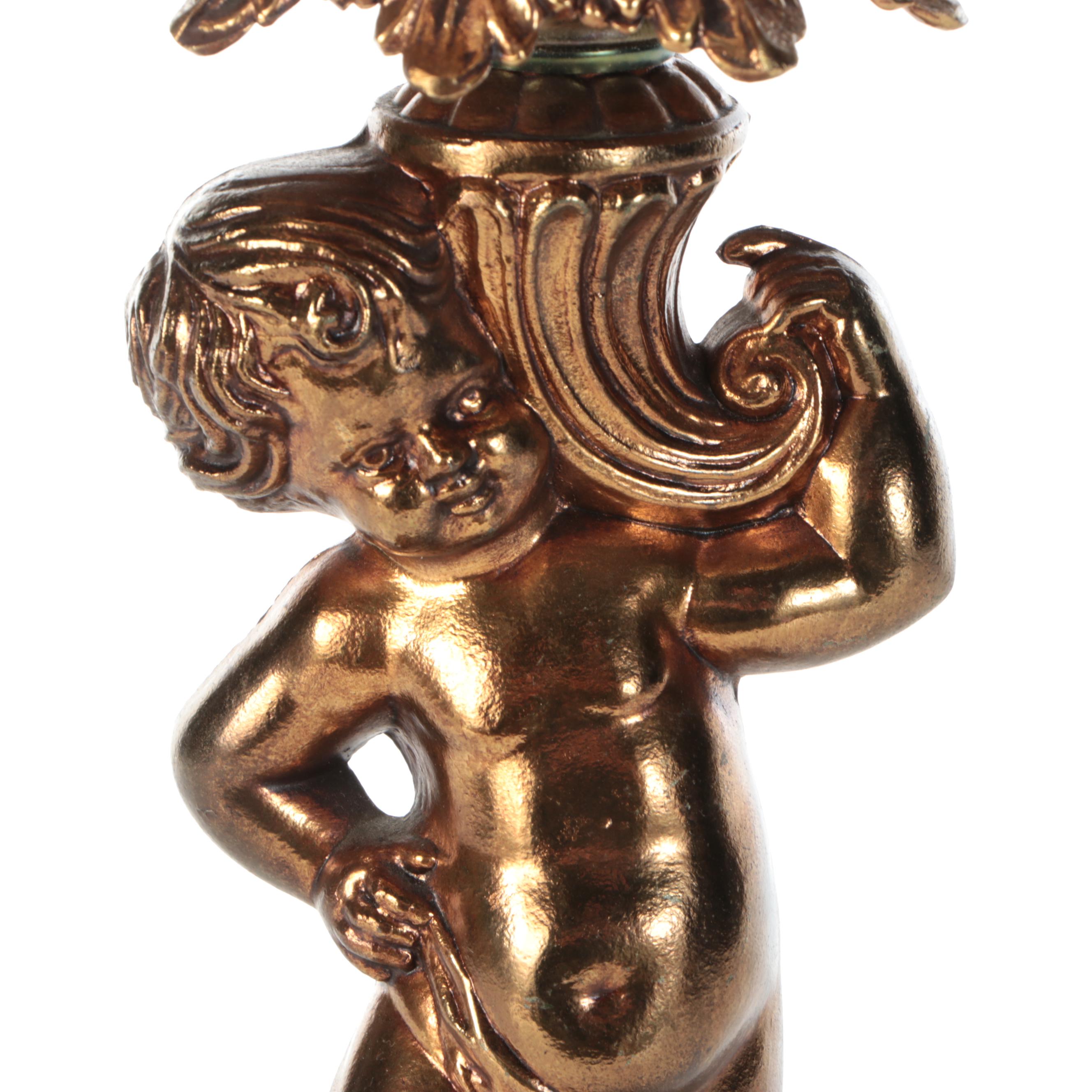 Rococo Style Gilt Metal Table Lamp with Embossed Cherub Glass Shade