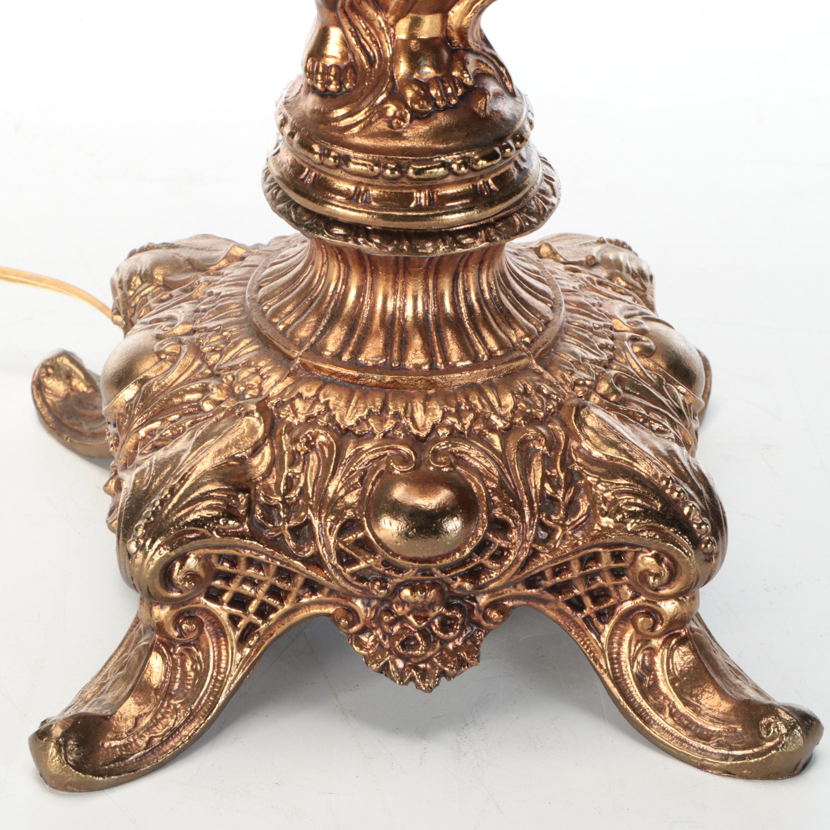 Rococo Style Gilt Metal Table Lamp with Embossed Cherub Glass Shade