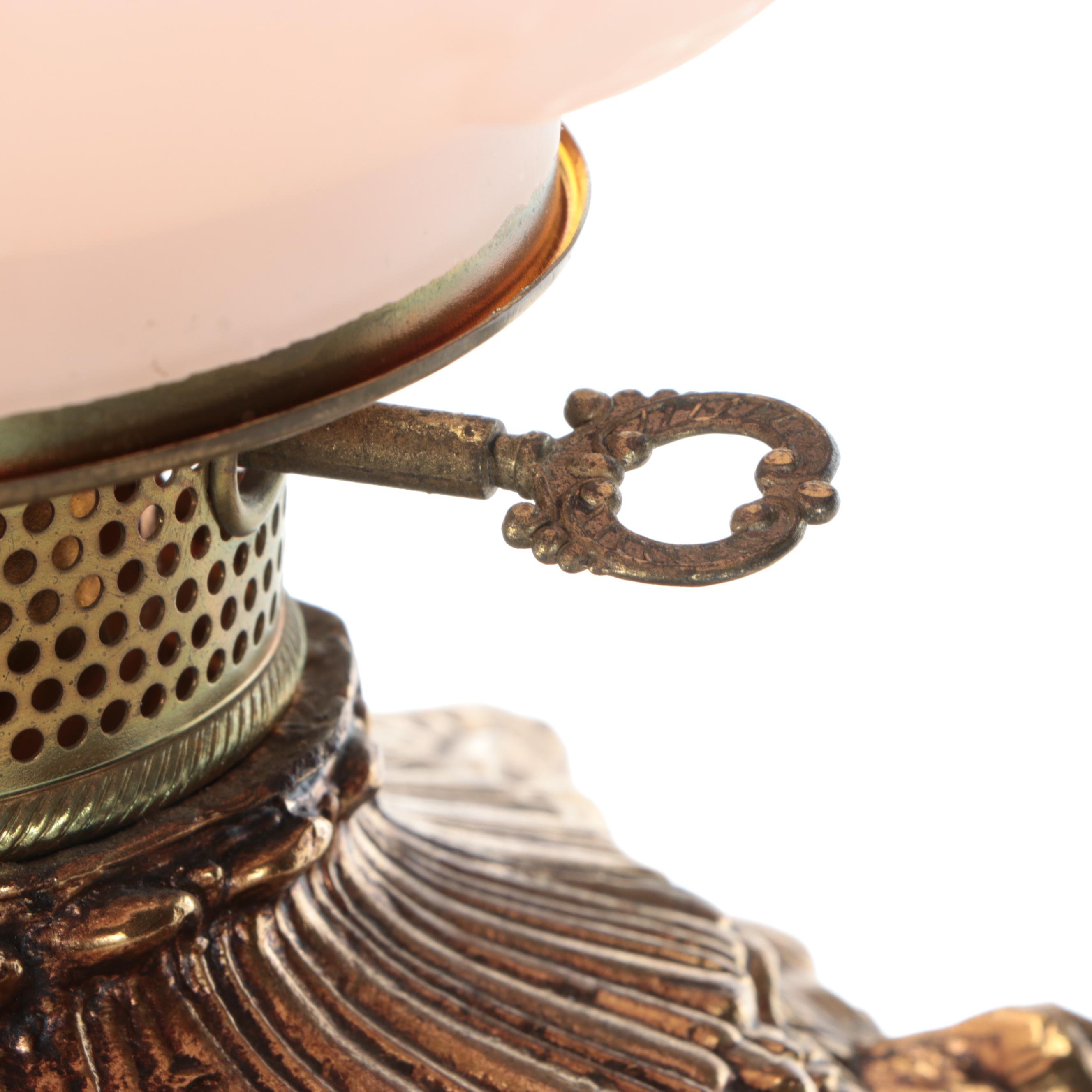 Rococo Style Gilt Metal Table Lamp with Embossed Cherub Glass Shade