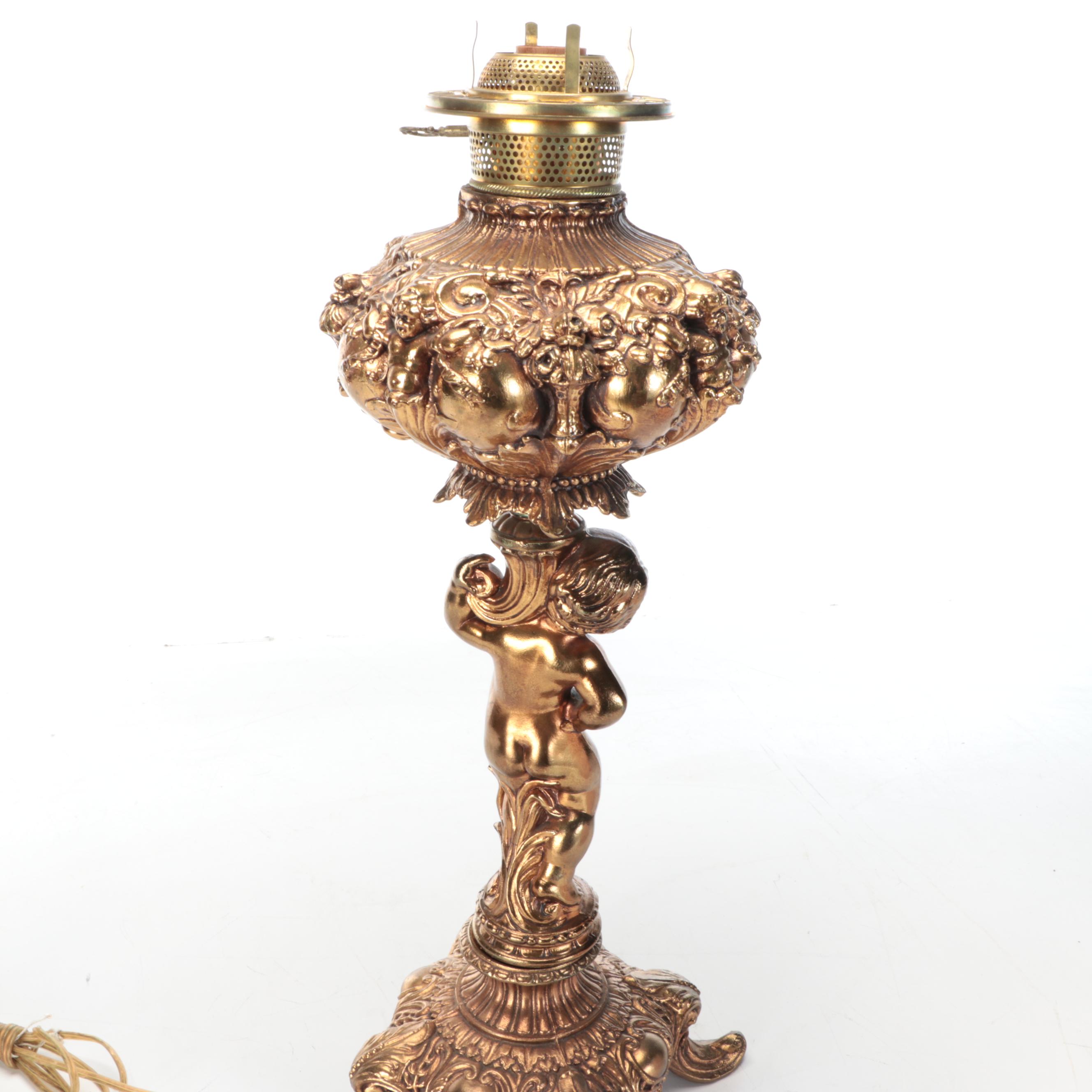 Rococo Style Gilt Metal Table Lamp with Embossed Cherub Glass Shade