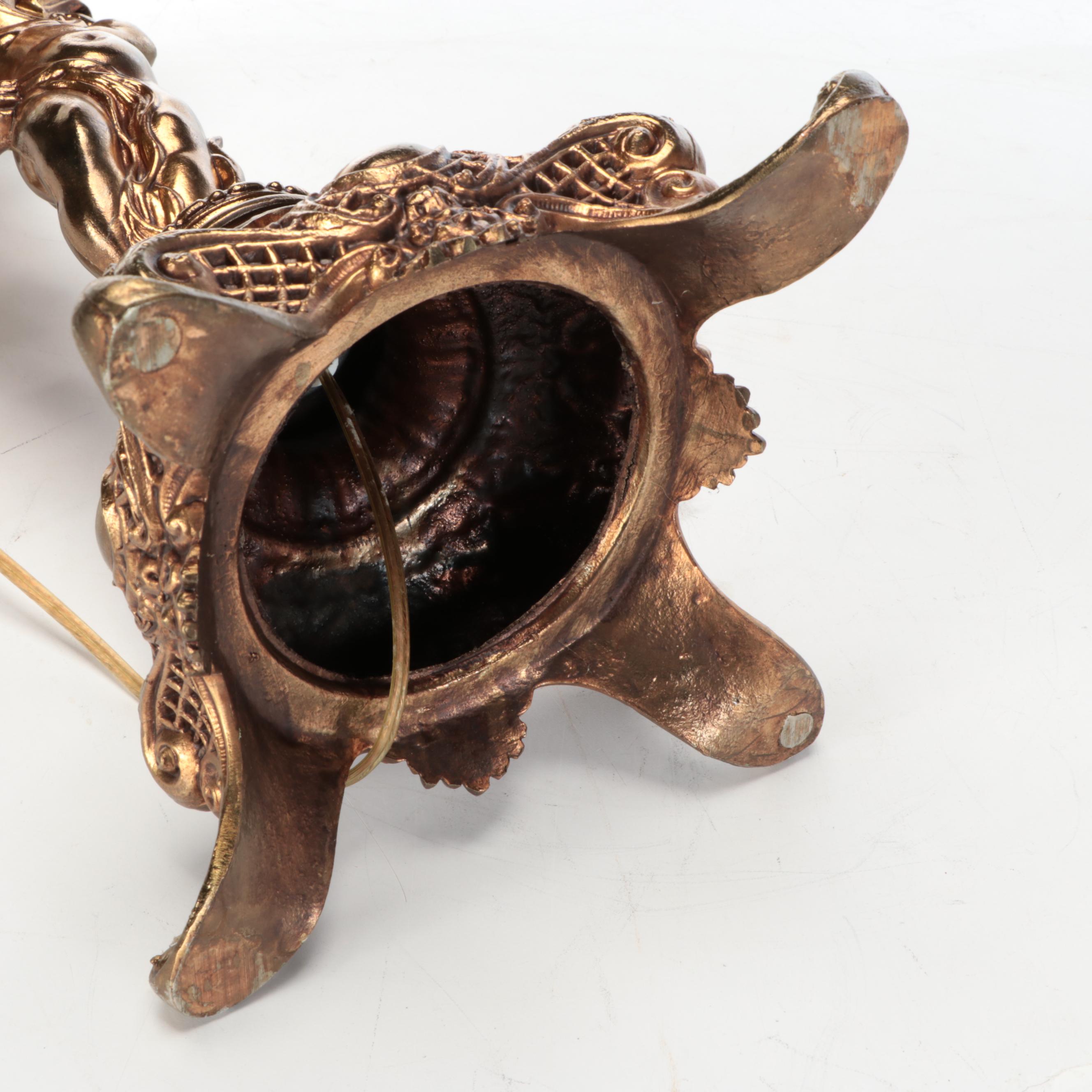 Rococo Style Gilt Metal Table Lamp with Embossed Cherub Glass Shade