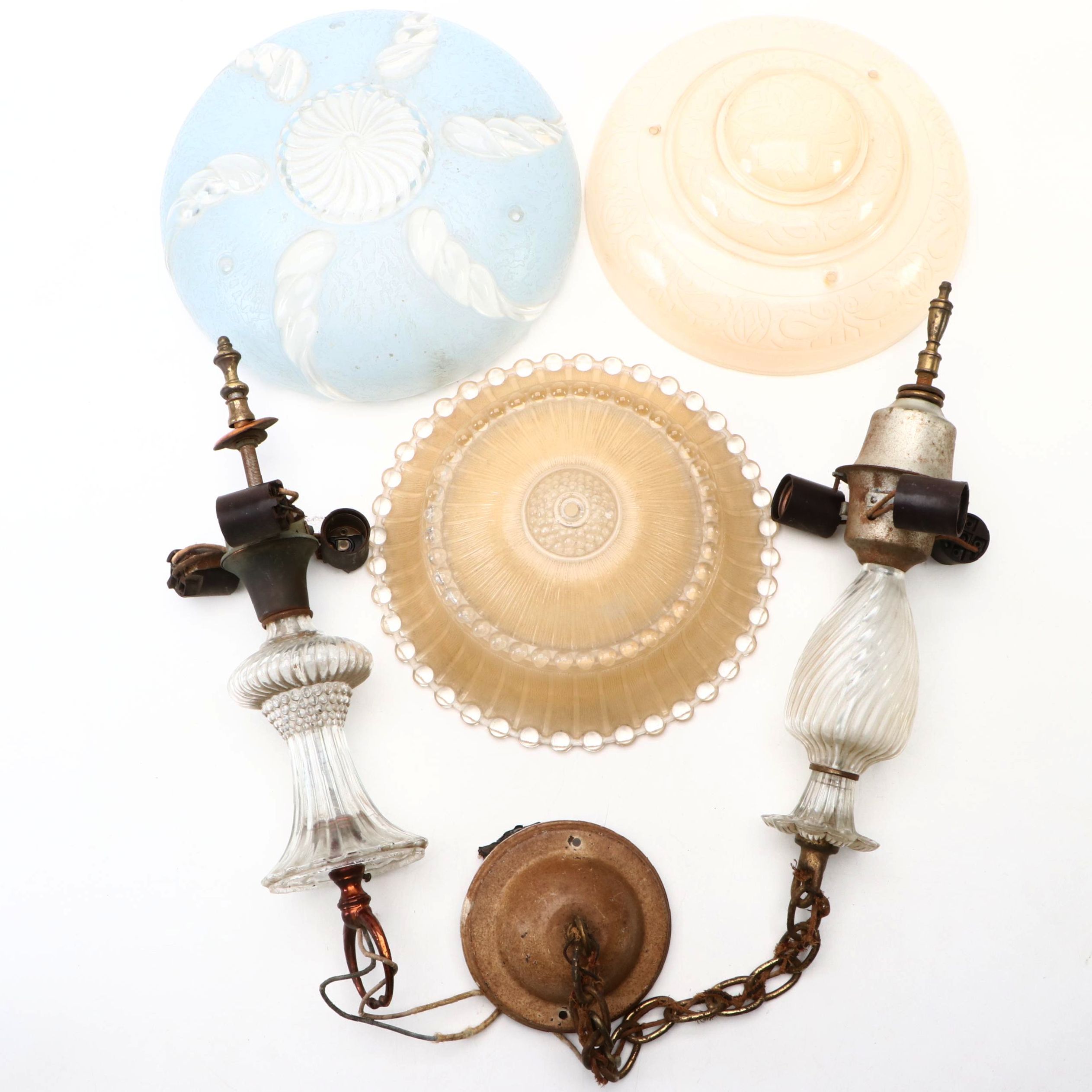 Victorian Style Pressed Glass Ceiling Shades with Pendant Light Fixtures, 20th C