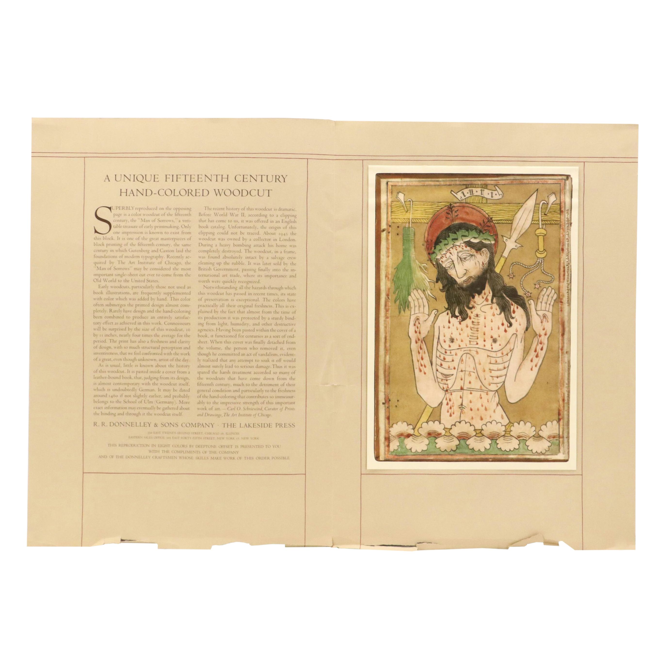 Reproduction Offset Lithograph of Medieval Woodcut "Man of Sorrows," Circa 1947