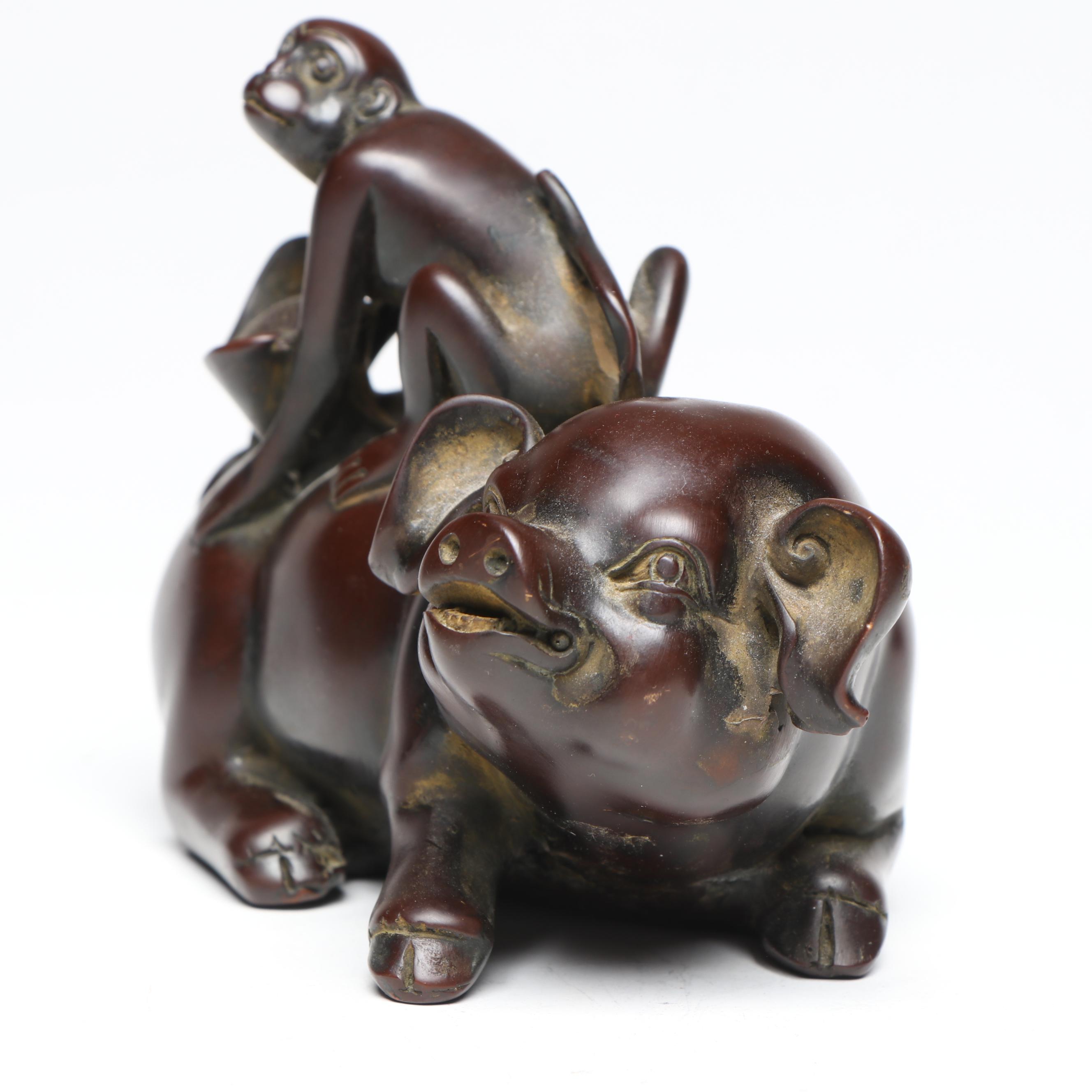Chinese Feng Shui Lacquered Monkey Riding Pig Figurine