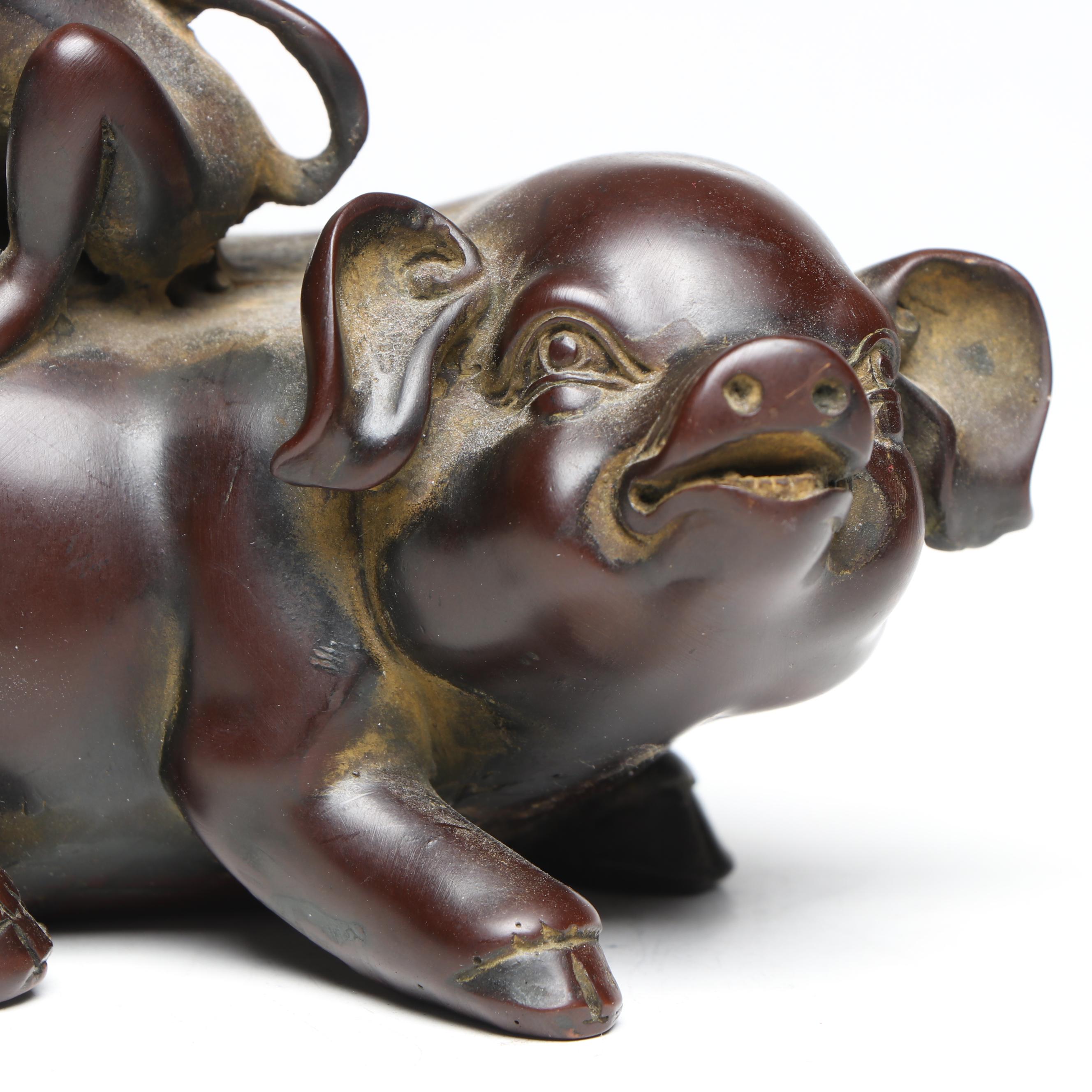 Chinese Feng Shui Lacquered Monkey Riding Pig Figurine
