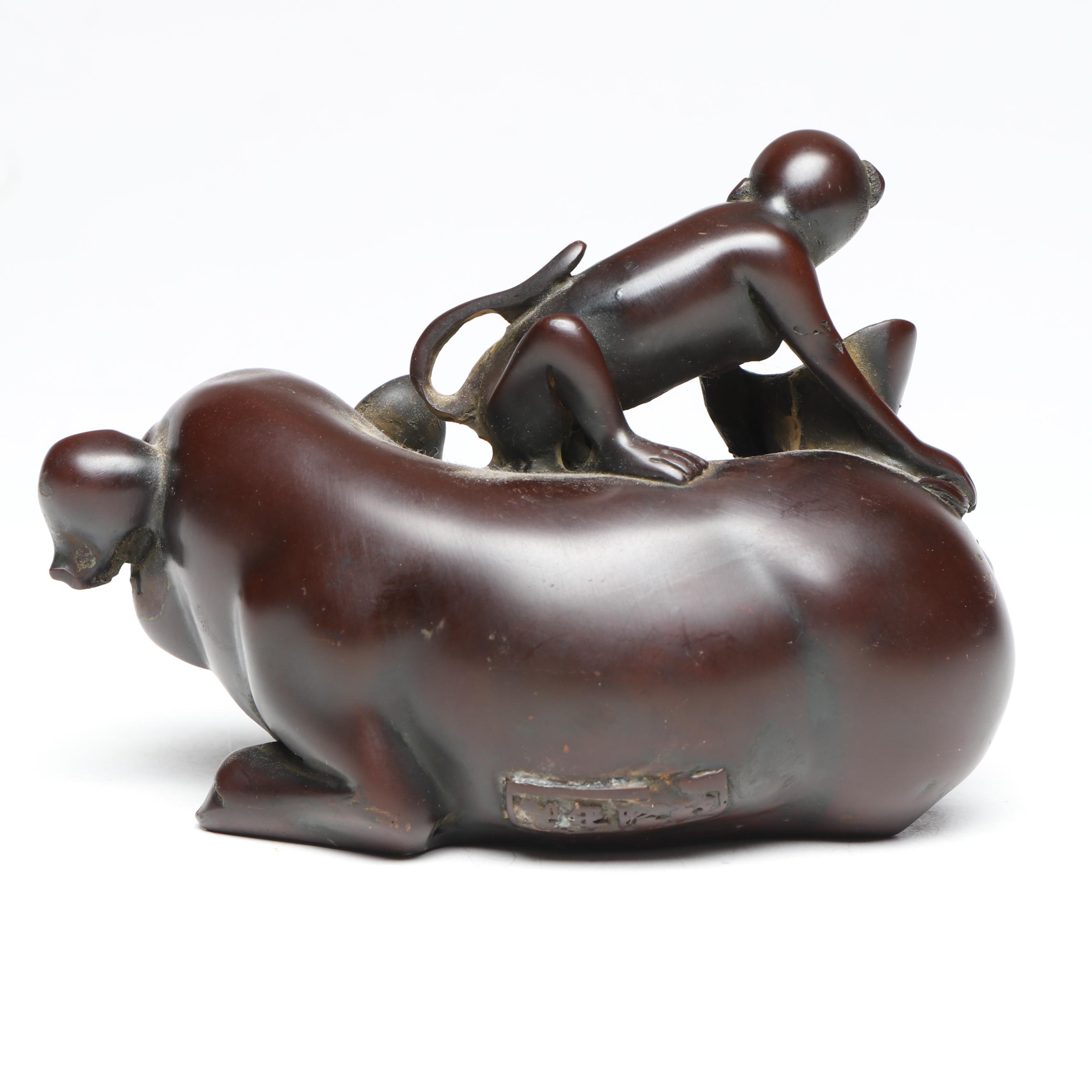 Chinese Feng Shui Lacquered Monkey Riding Pig Figurine