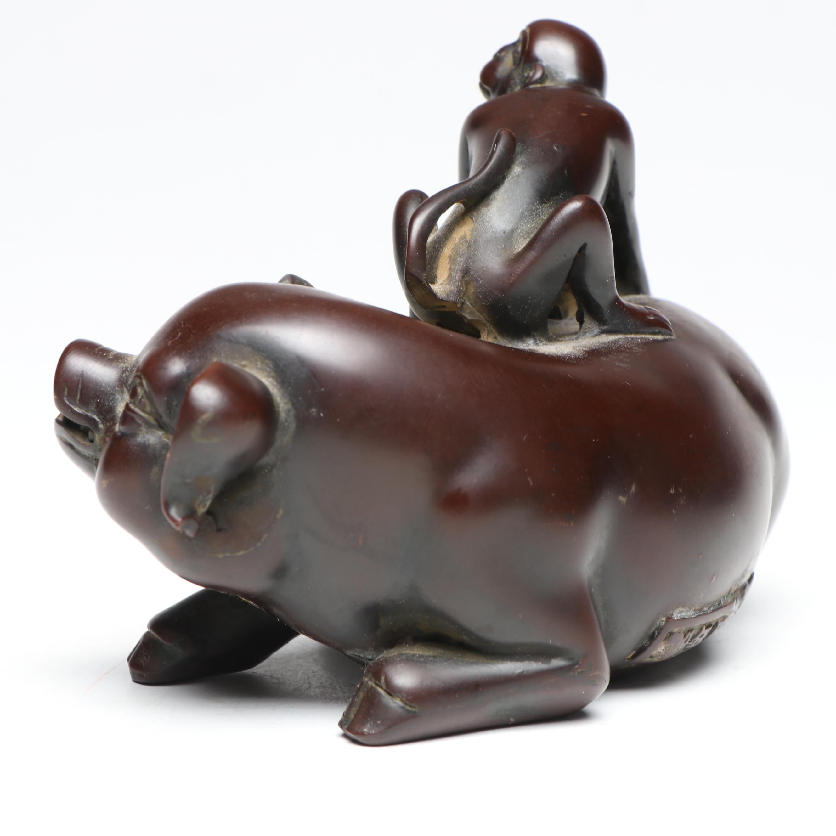 Chinese Feng Shui Lacquered Monkey Riding Pig Figurine