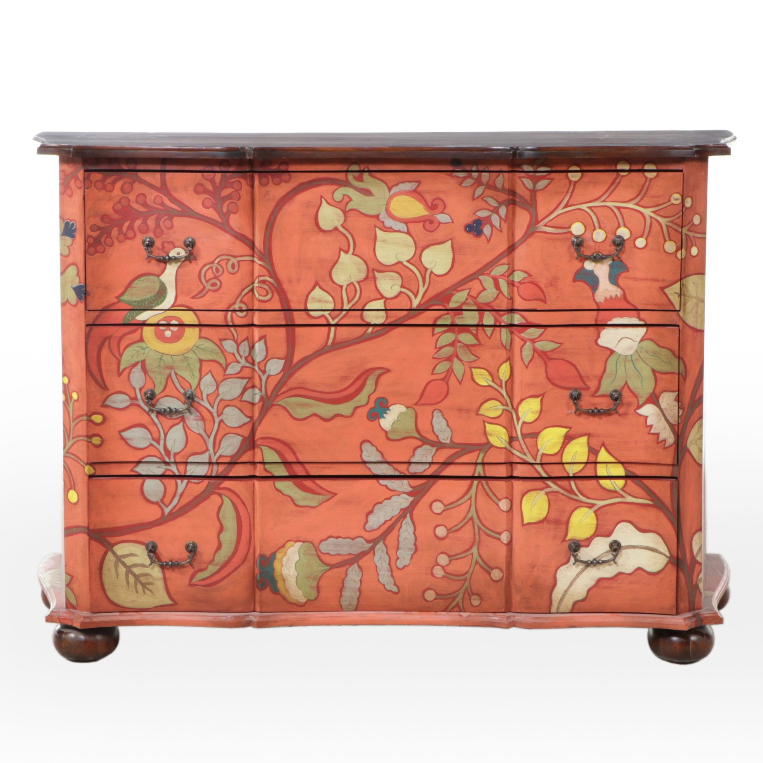 Guild Master Paint-Decorated Wooden Bun Foot Chest of Drawers