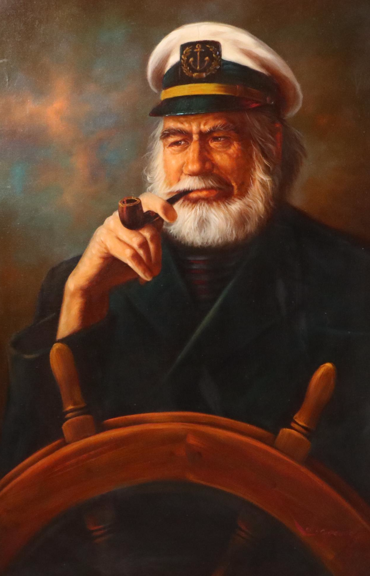 Lee Young Oil Portrait Painting of Seasoned Sea Captain, Late 20th Century