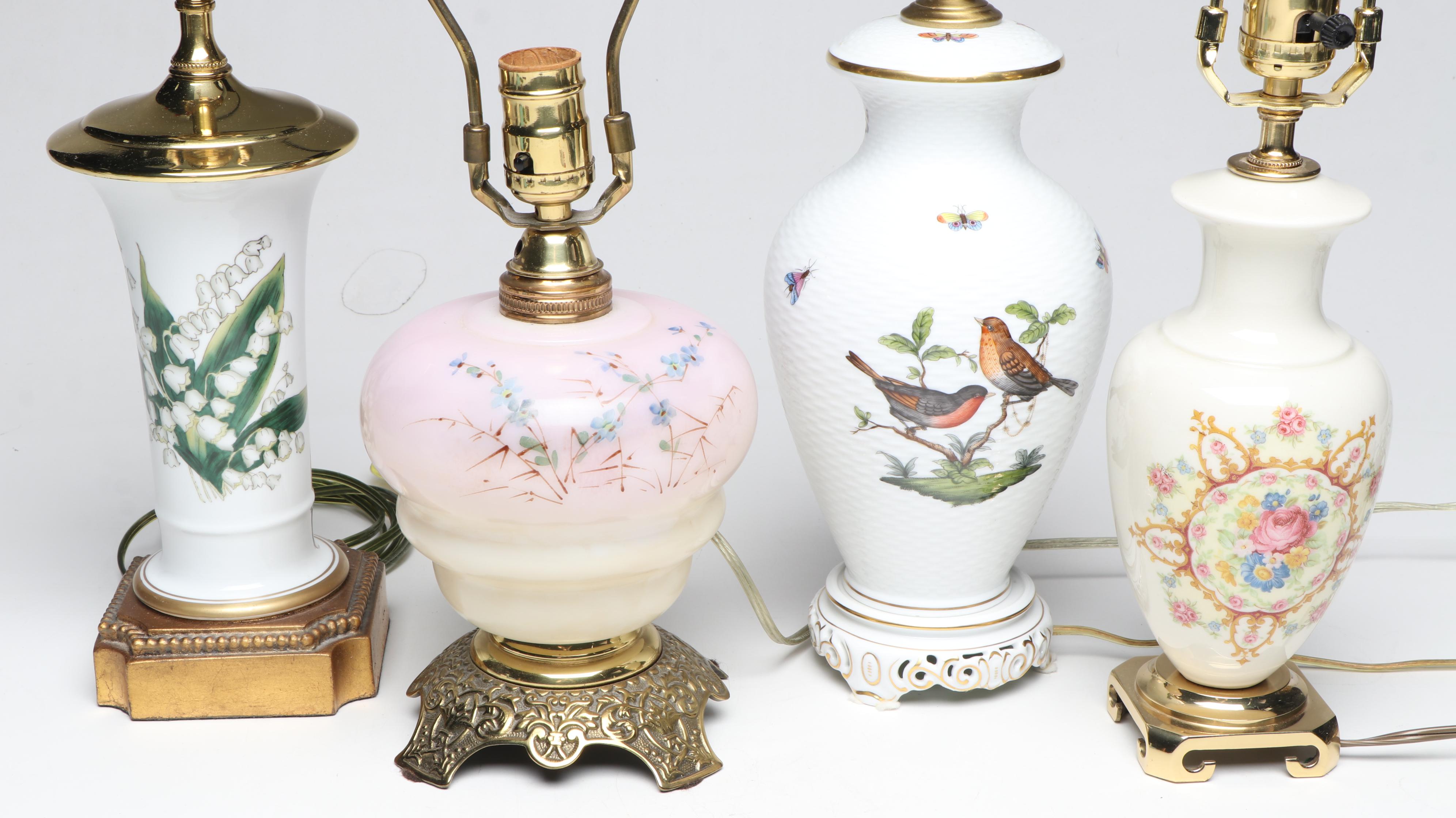 Chelsea House, Herend, and Other Floral Porcelain and Glass Table Lamps