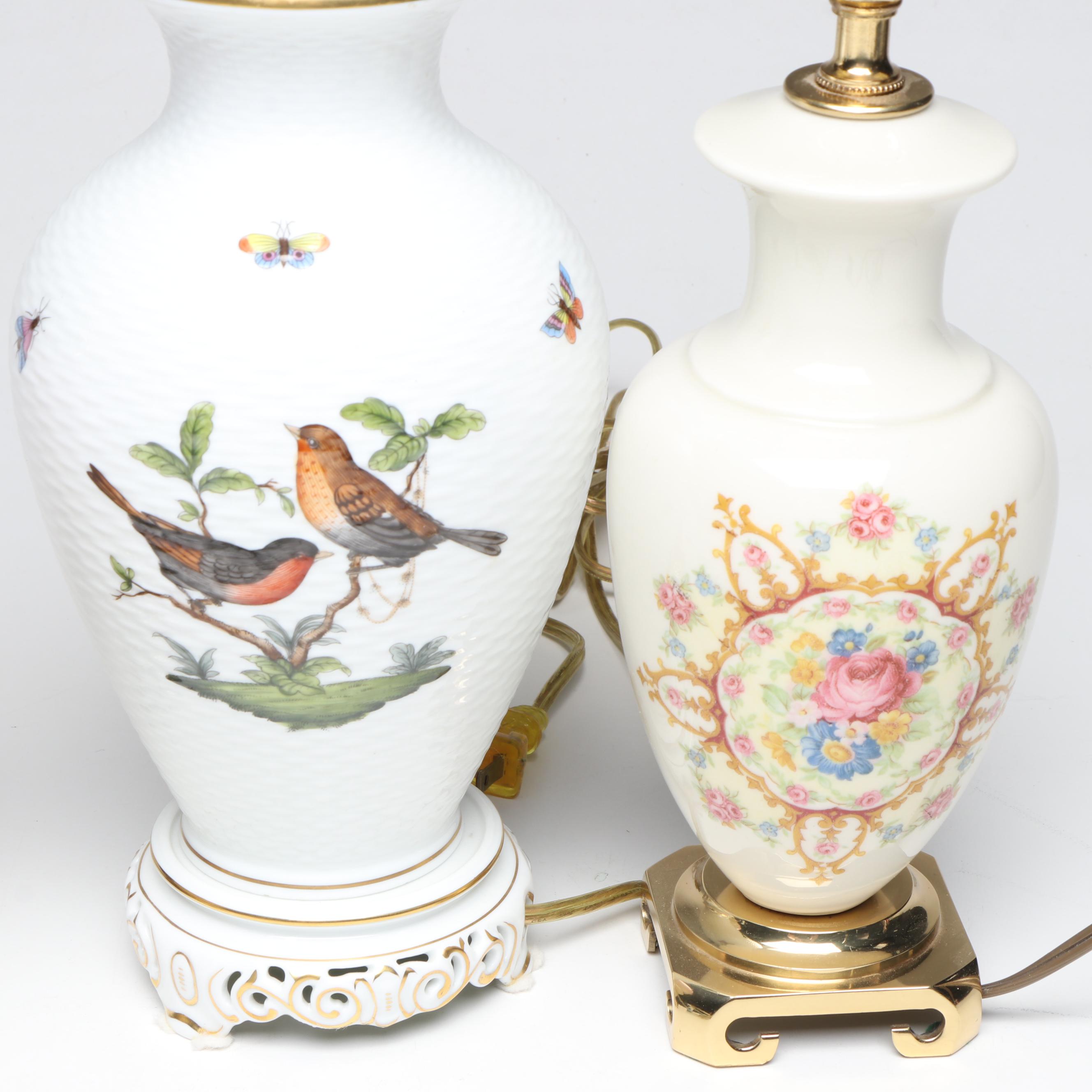 Chelsea House, Herend, and Other Floral Porcelain and Glass Table Lamps