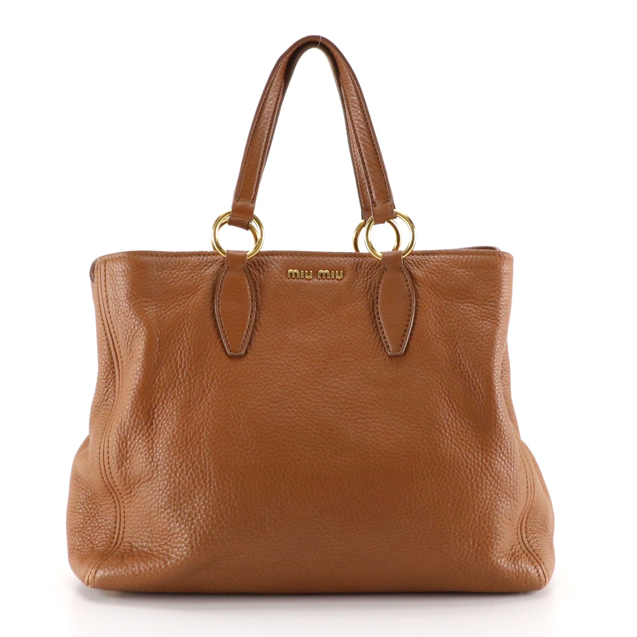 Miu Miu Large Top Handle Tote in Caramel Brown Calfskin Leather