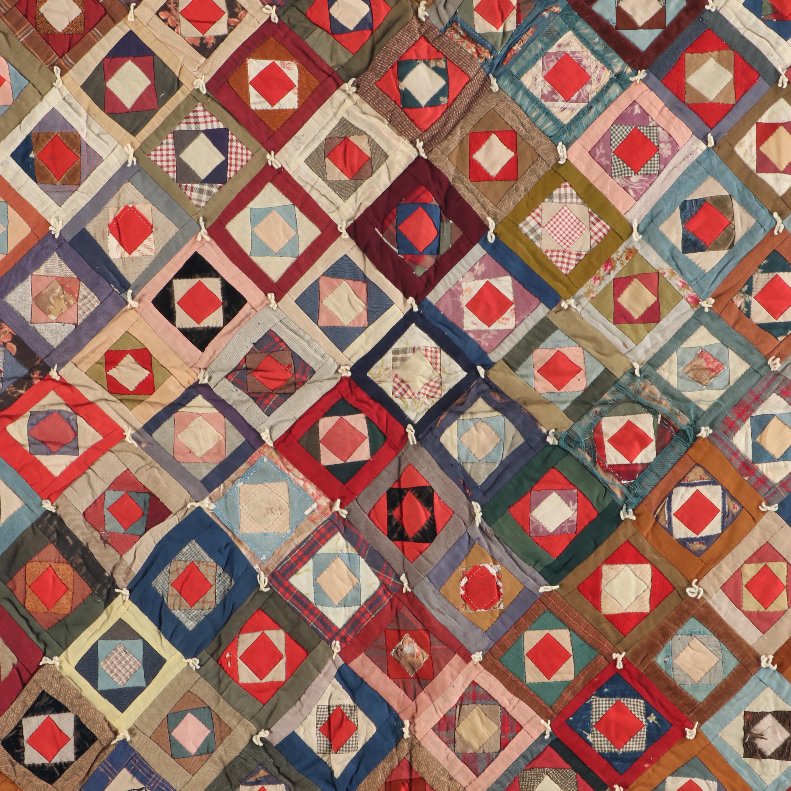 Hand-Tied and Pieced "S'Mores" Scrappy Block Quilt