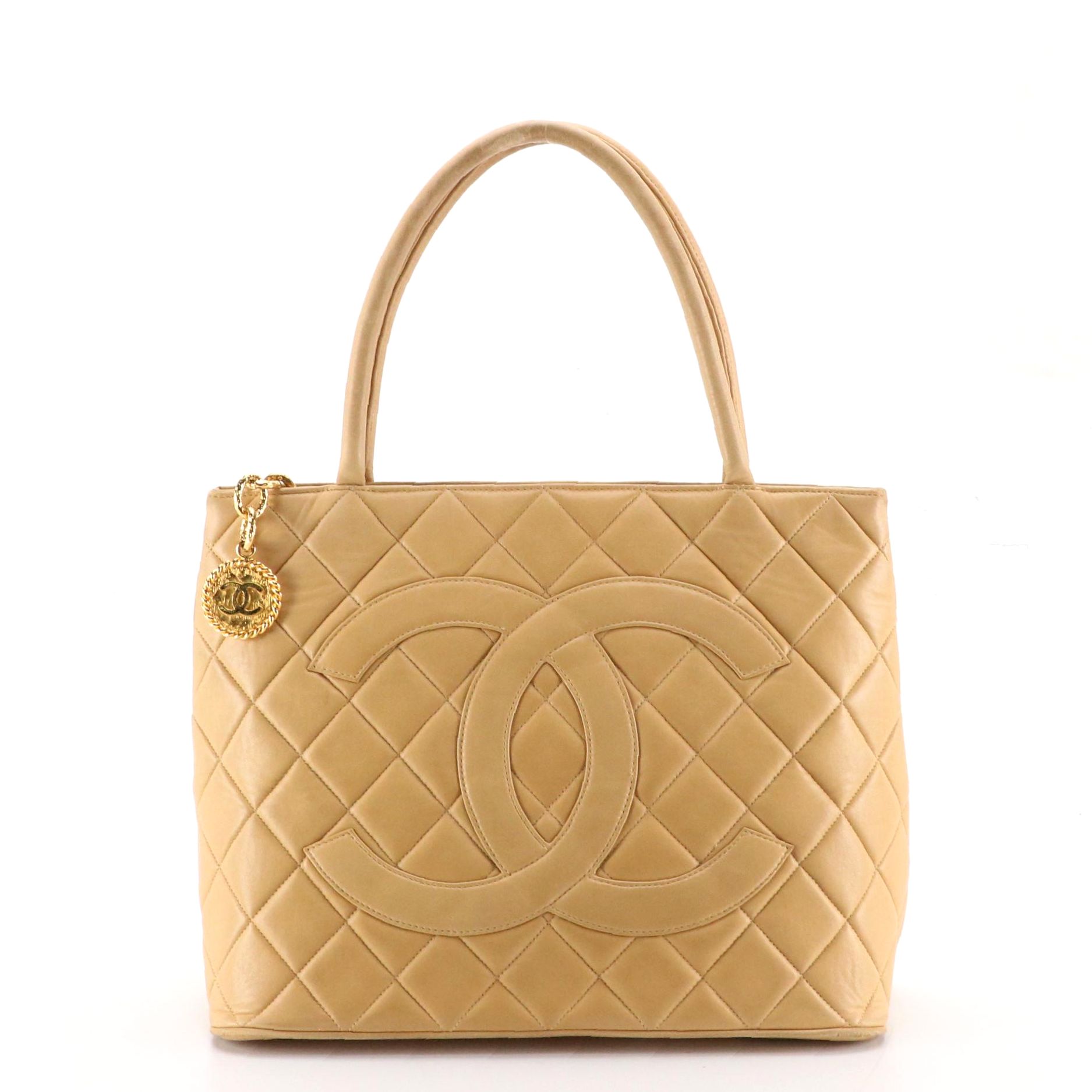 Chanel Medallion Zip Tote in Beige Quilted Lambskin Leather